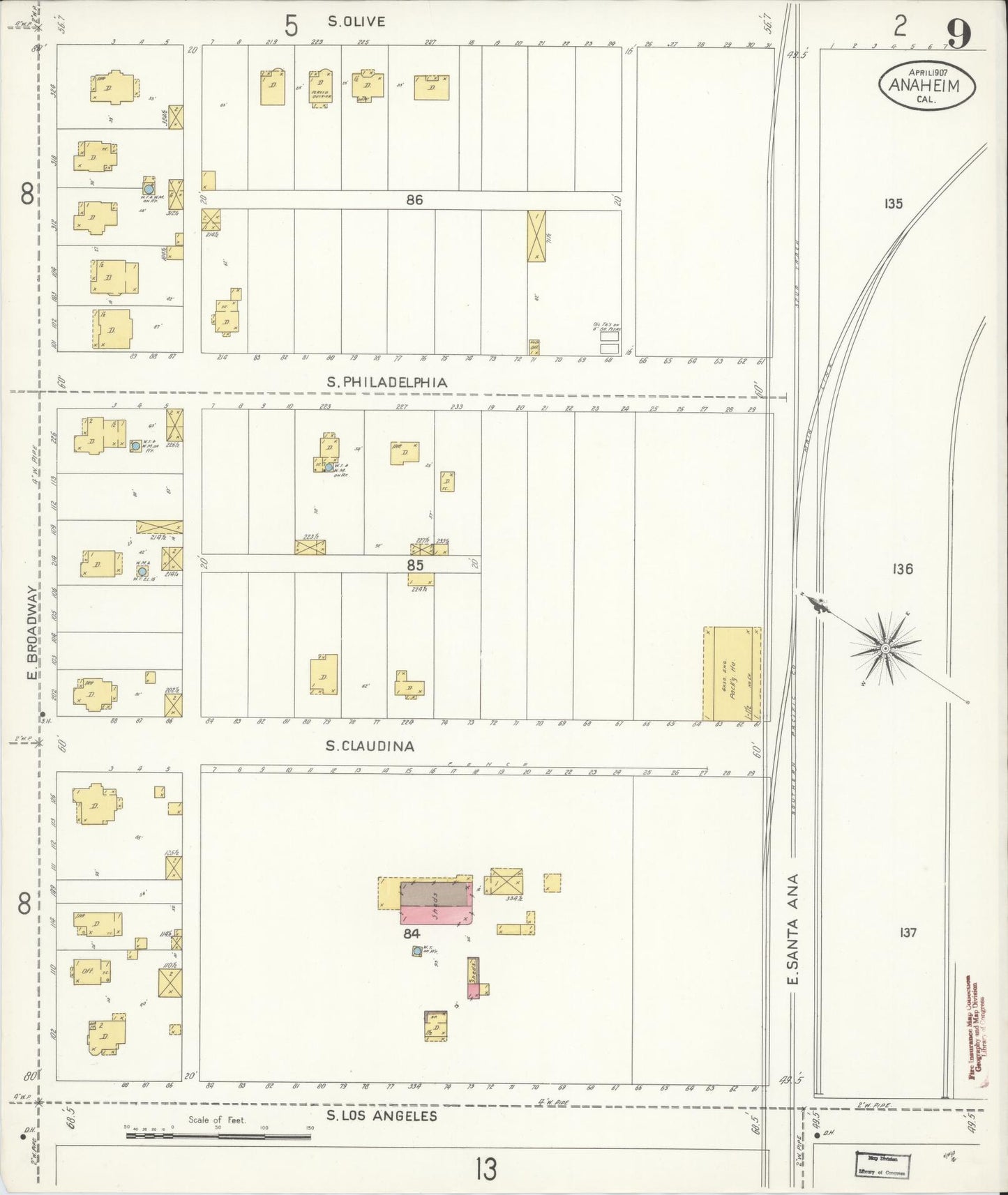 Sanborn Fire Insurance Map from Anaheim, Orange County, California (1907), Sheet #0009 - Historic Sanborn Fire Insurance Map Print, vintage old map wall art, antique decor, genealogy gift, California California map