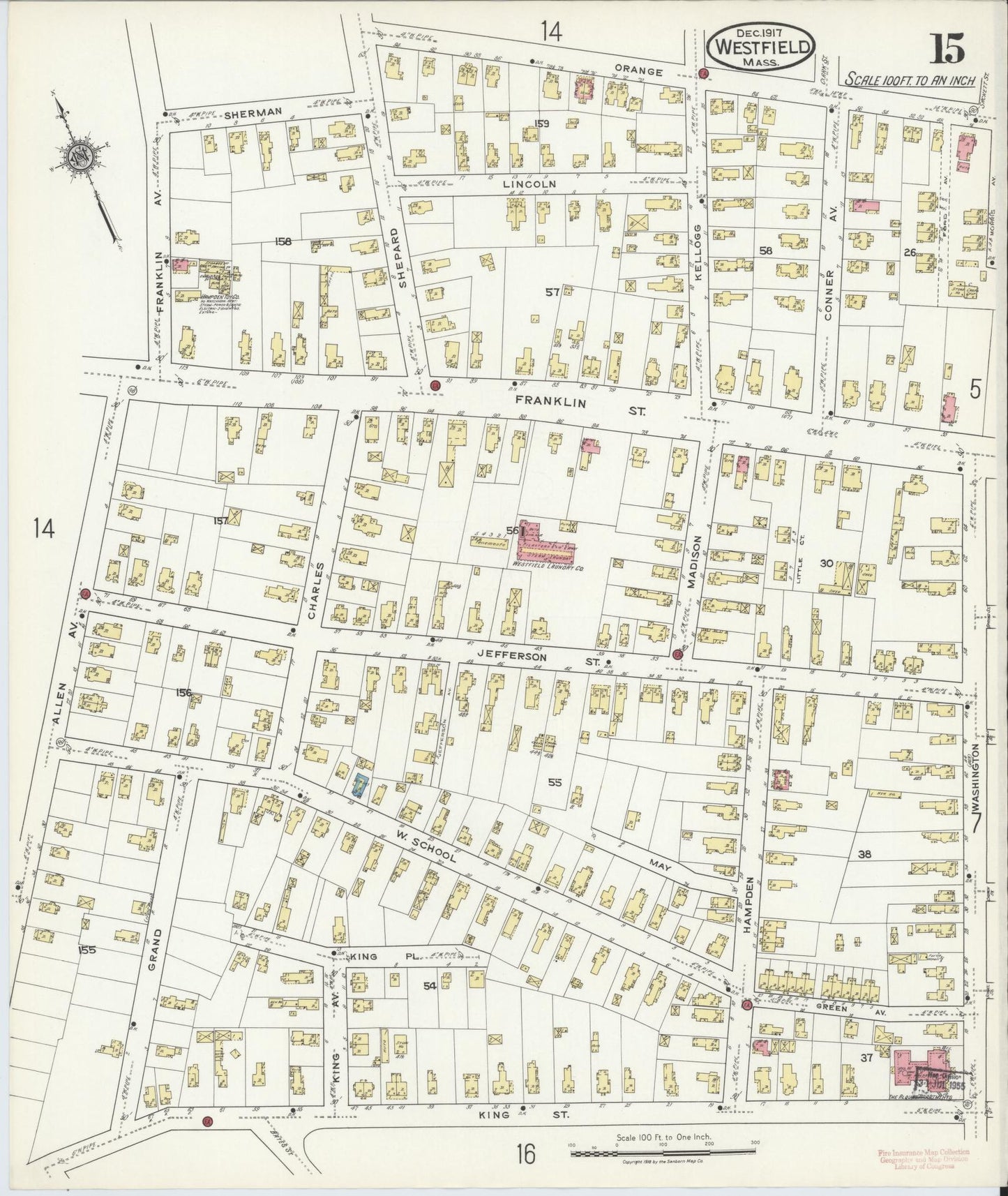 Sanborn Fire Insurance Map from Westfield, Hampden County, Massachusetts (1917), Sheet #0015 - Historic Sanborn Fire Insurance Map Print, vintage old map wall art, antique decor, genealogy gift, Massachusetts Massachusetts map
