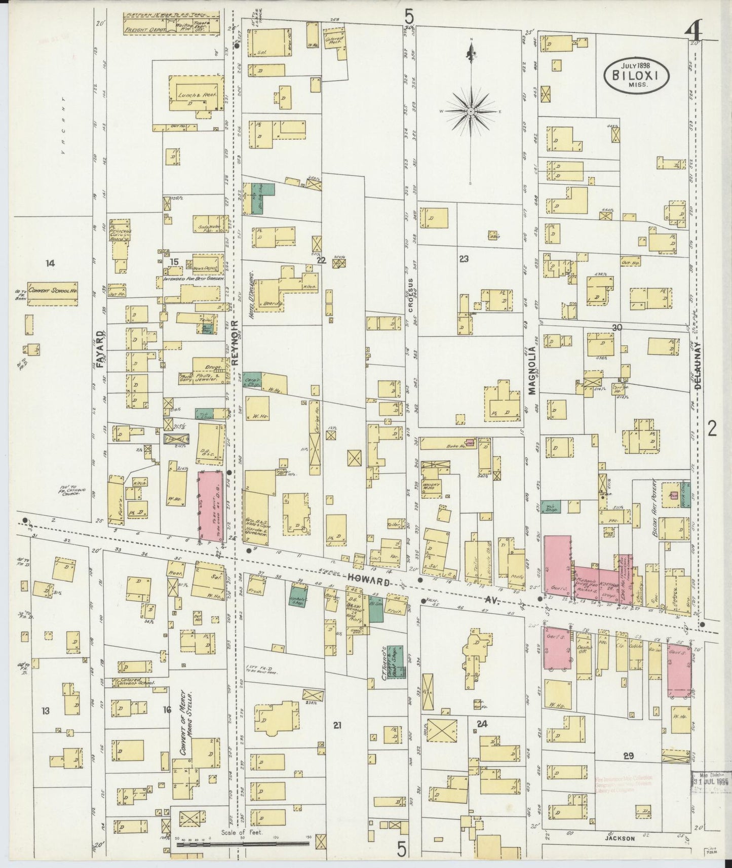 Sanborn Fire Insurance Map from Biloxi, Harrison County, Mississippi (1898), Sheet #0004 - Historic Sanborn Fire Insurance Map Print, vintage old map wall art, antique decor, genealogy gift, Mississippi Mississippi map