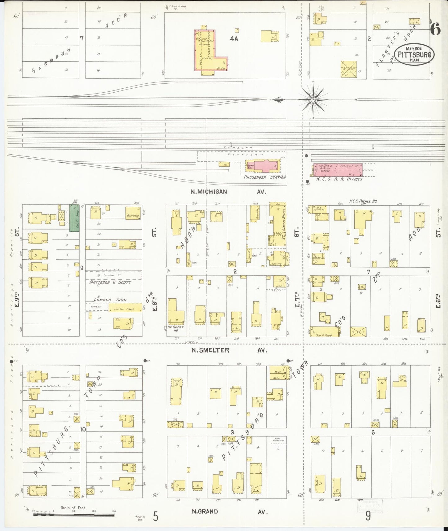 Sanborn Fire Insurance Map from Pittsburg, Crawford County, Kansas (1902), Sheet #0006 - Historic Sanborn Fire Insurance Map Print, vintage old map wall art, antique decor, genealogy gift, Kansas Kansas map