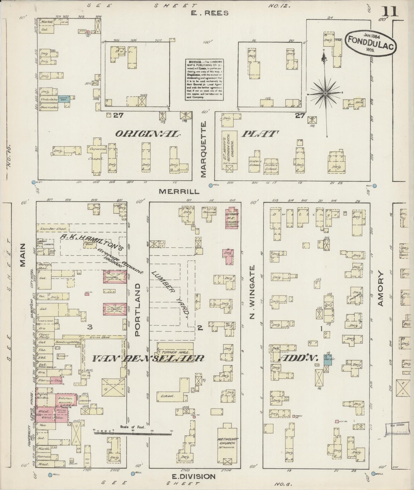 Sanborn Fire Insurance Map from Fond du Lac, Fond du Lac County, Wisconsin (1884), Sheet #0011 - Historic Sanborn Fire Insurance Map Print, vintage old map wall art, antique decor, genealogy gift, Wisconsin Wisconsin map