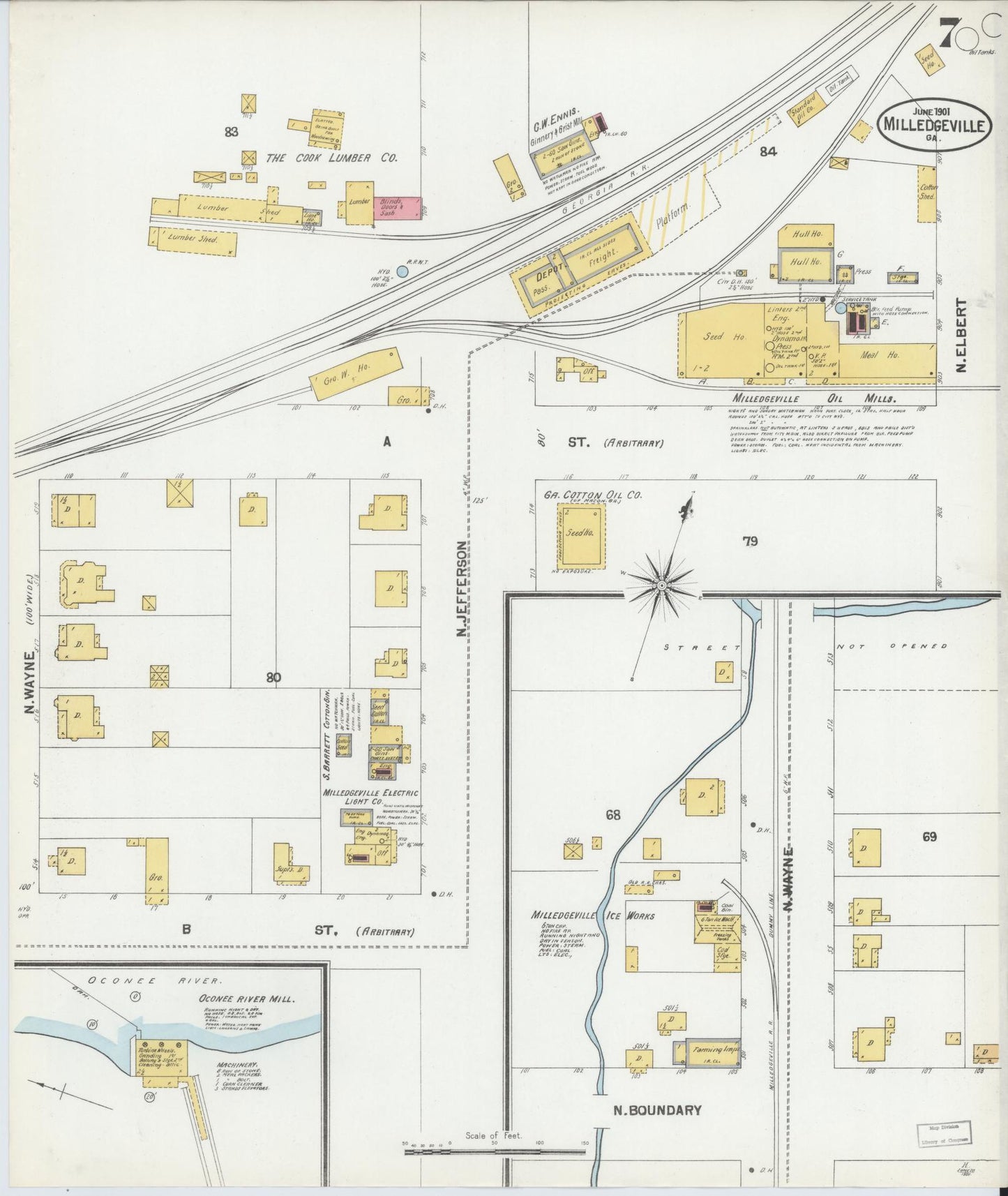 Sanborn Fire Insurance Map from Milledgeville, Baldwin County, Georgia (1901), Sheet #0007 - Historic Sanborn Fire Insurance Map Print, vintage old map wall art, antique decor, genealogy gift, Georgia Georgia map