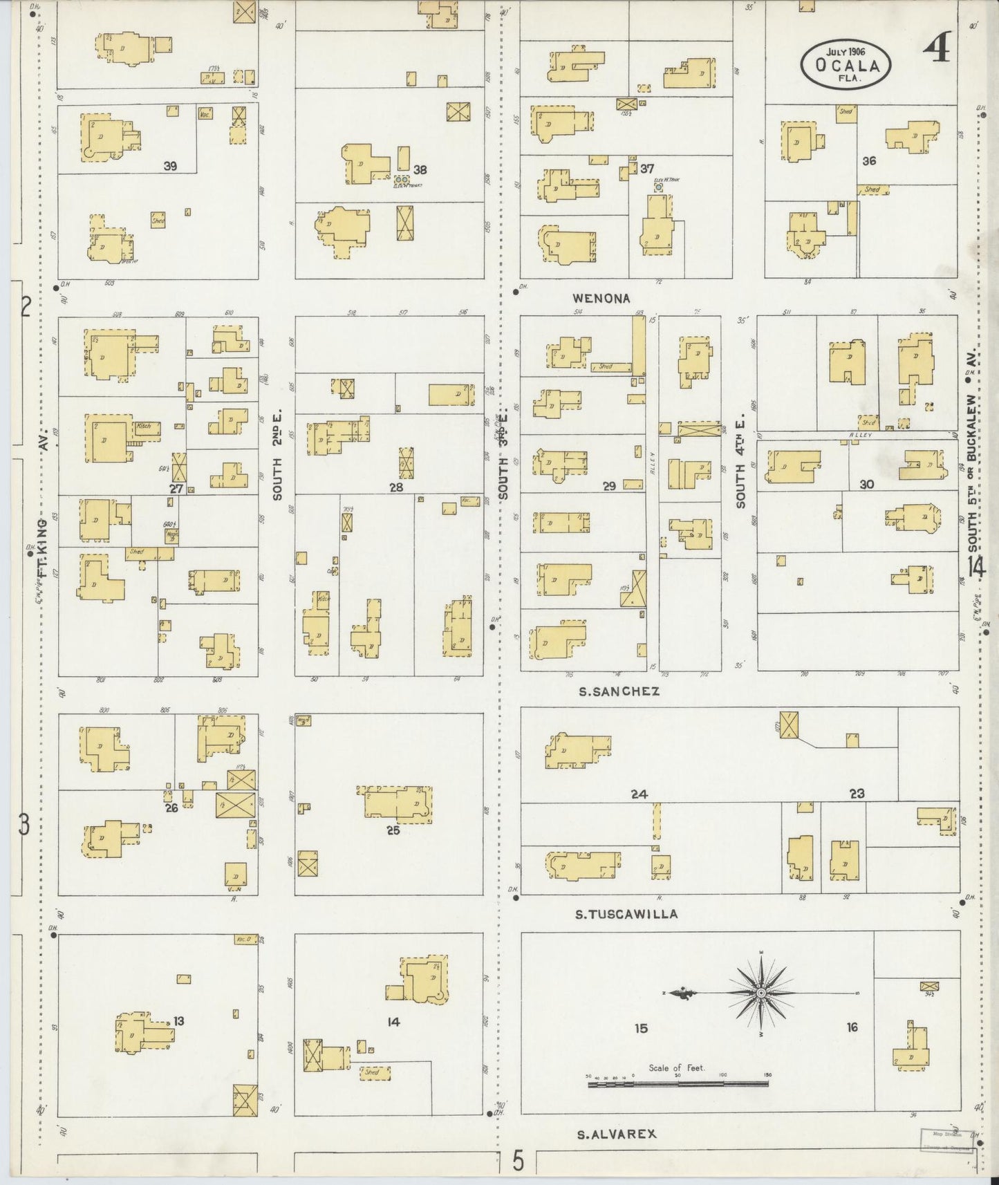 Sanborn Fire Insurance Map from Ocala, Marion County, Florida (1906), Sheet #0004 - Historic Sanborn Fire Insurance Map Print, vintage old map wall art, antique decor, genealogy gift, Florida Florida map