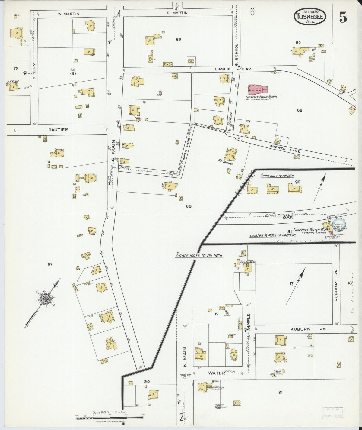 Sanborn Fire Insurance Map from Tuskegee, Macon County, Alabama (1920), Sheet #0005 - Historic Sanborn Fire Insurance Map Print, vintage old map wall art, antique decor, genealogy gift, Alabama Alabama map