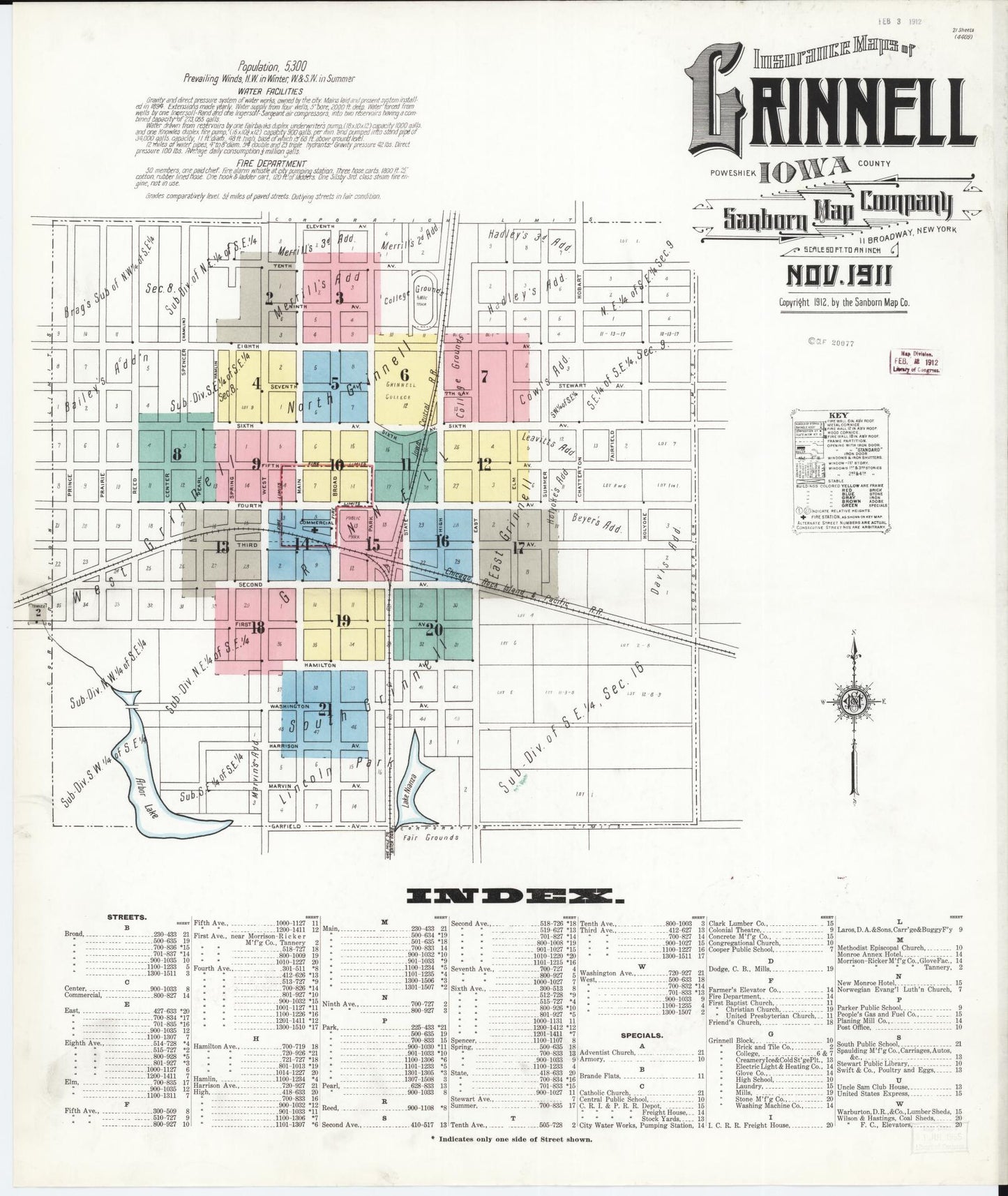 Sanborn Fire Insurance Map from Grinnell, Poweshiek County, Iowa (1911), Sheet #0001 - Historic Sanborn Fire Insurance Map Print, vintage old map wall art