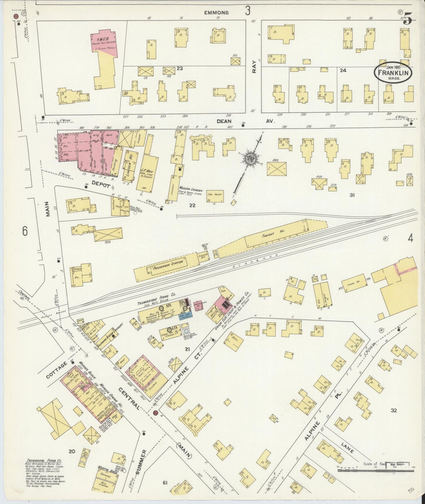 Sanborn Fire Insurance Map from Franklin, Norfolk County, Massachusetts (1911), Sheet #0005 - Historic Sanborn Fire Insurance Map Print, vintage old map wall art, antique decor, genealogy gift, Massachusetts Massachusetts map