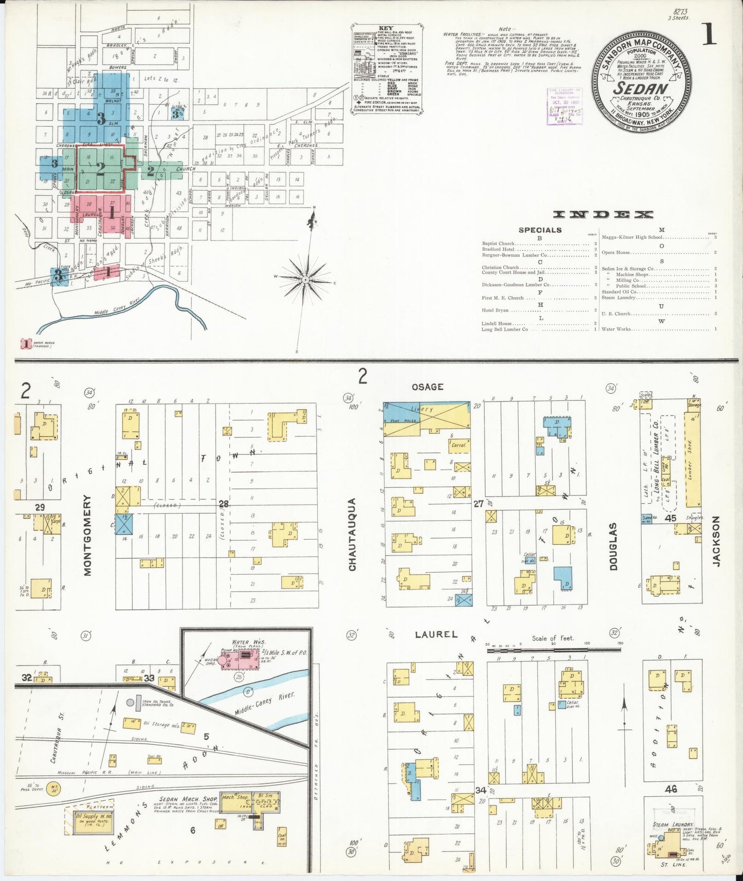 Sanborn Fire Insurance Map from Sedan, Chautauqua County, Kansas (1905), Sheet #0001 - Historic Sanborn Fire Insurance Map Print, vintage old map wall art, antique decor, genealogy gift, Kansas Kansas map