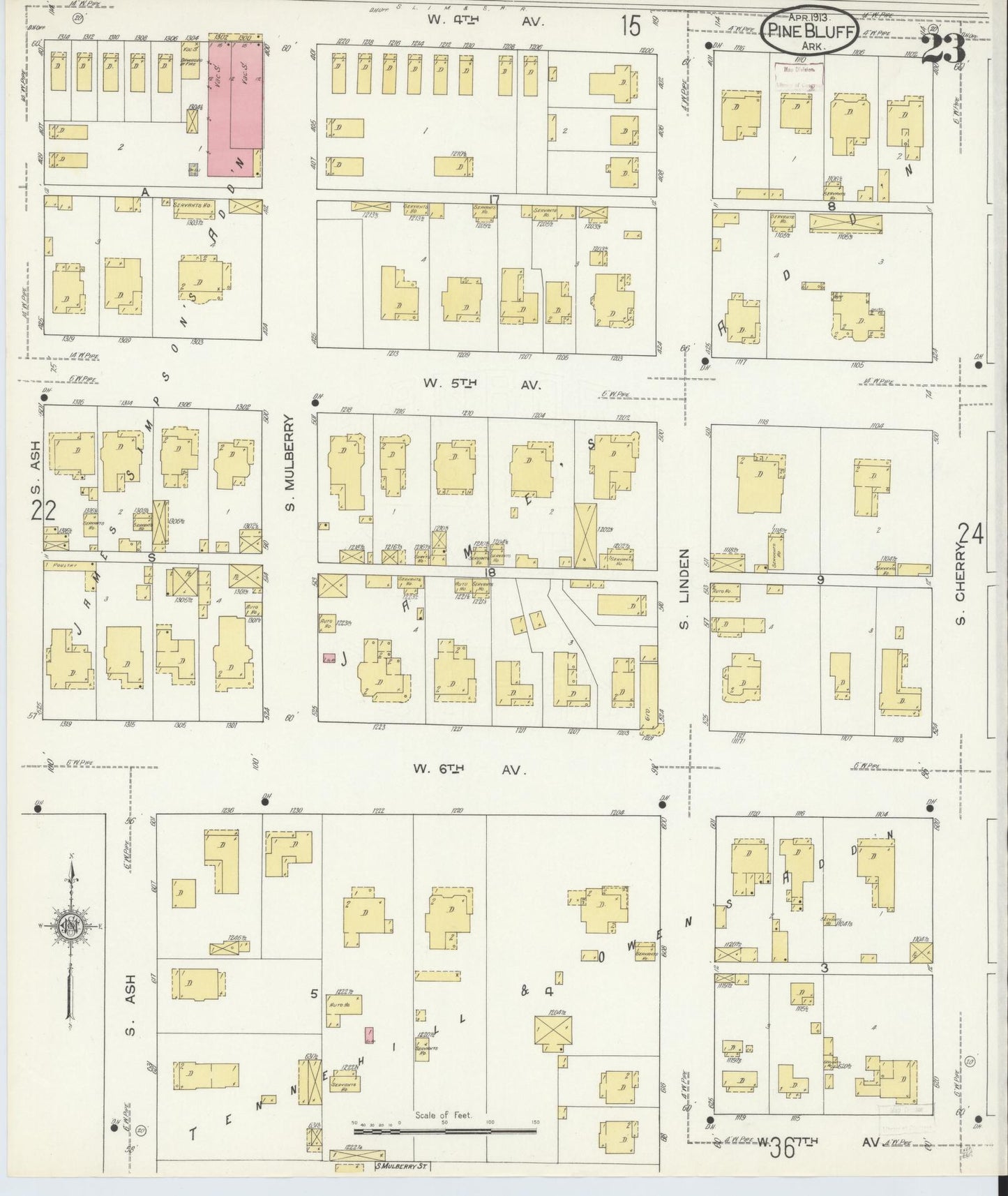 Sanborn Fire Insurance Map from Pine Bluff, Jefferson County, Arkansas (1913), Sheet #0023 - Historic Sanborn Fire Insurance Map Print, vintage old map wall art, antique decor, genealogy gift, Arkansas Arkansas map