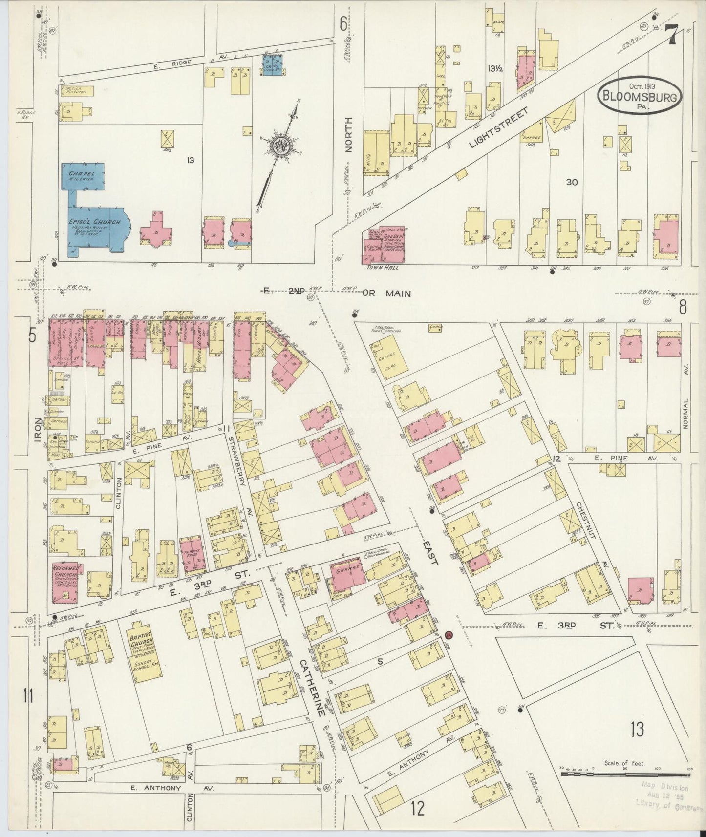 Sanborn Fire Insurance Map from Bloomsburg, Columbia County, Pennsylvania (1913), Sheet #0007 - Historic Sanborn Fire Insurance Map Print, vintage old map wall art, antique decor, genealogy gift, Pennsylvania Pennsylvania map