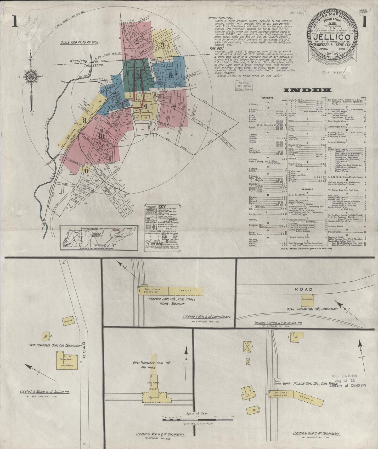 Sanborn Fire Insurance Map from Jellico, Whitley County, Ky., and Campbell County, Tenna, Kentucky (1923), Sheet #0001 - Historic Sanborn Fire Insurance Map Print, vintage old map wall art, antique decor, genealogy gift, Kentucky Kentucky map