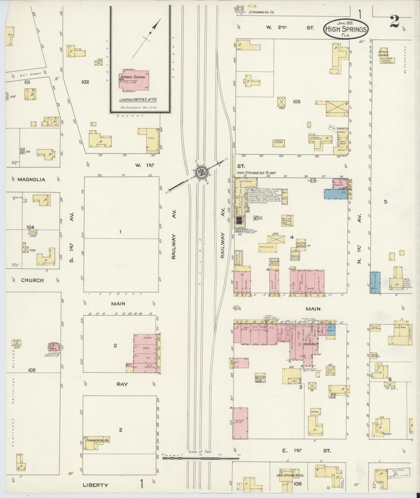 Sanborn Fire Insurance Map from High Springs, Alachua County, Florida (1913), Sheet #0002 - Complete Map Set gallery image, historic Sanborn map, vintage wall art, Florida Florida