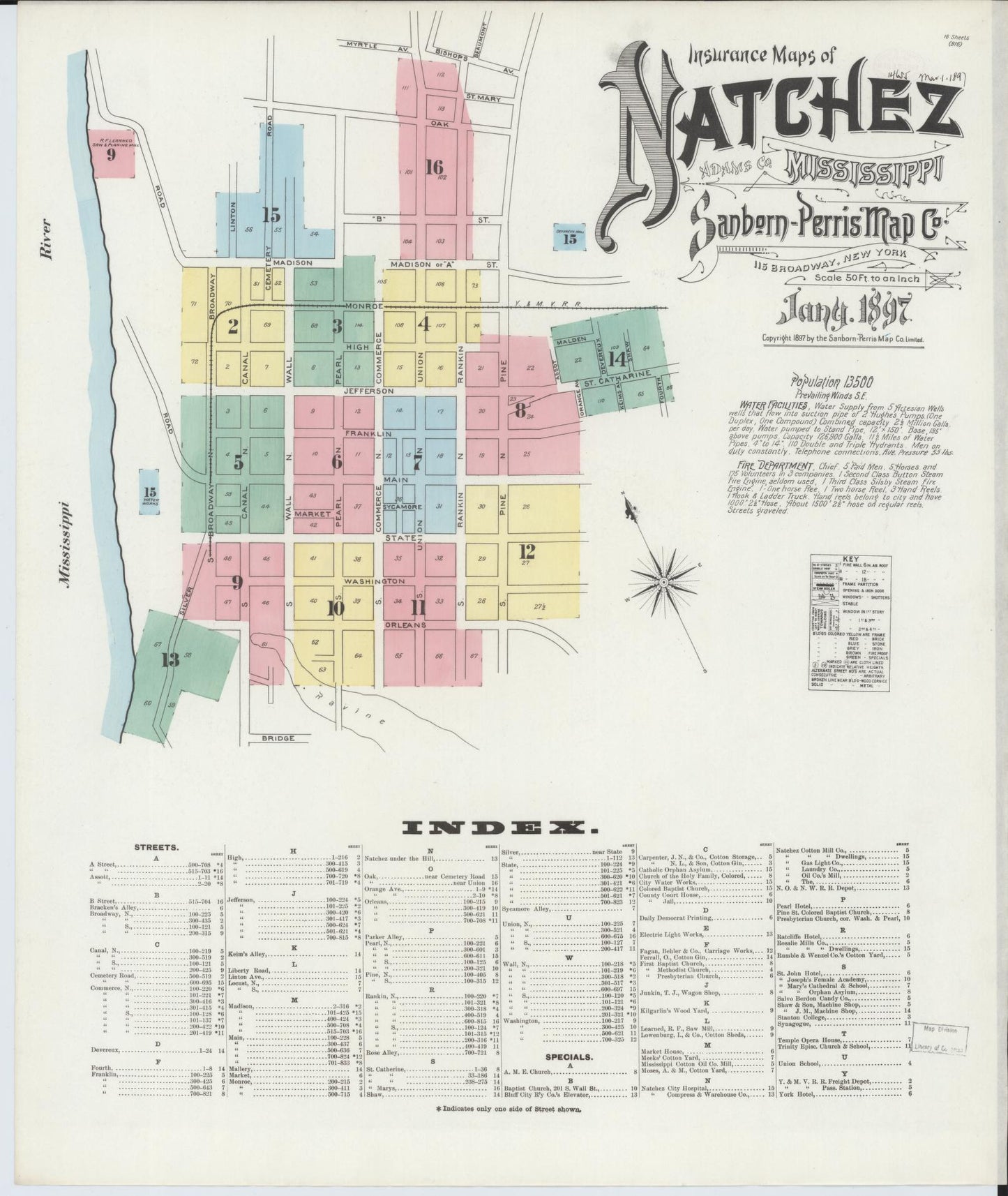 Sanborn Fire Insurance Map from Natchez, Adams County, Mississippi (1897), Sheet #0001 - Historic Sanborn Fire Insurance Map Print, vintage old map wall art, antique decor, genealogy gift, Mississippi Mississippi map