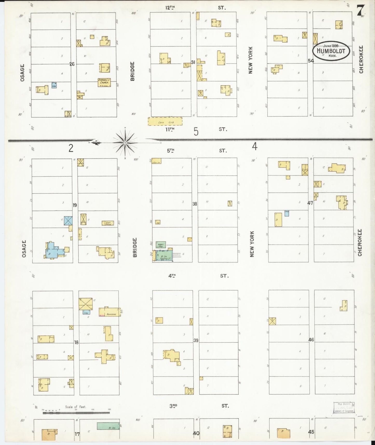 Sanborn Fire Insurance Map from Humboldt, Allen County, Kansas (1899), Sheet #0007 - Complete Map Set gallery image, historic Sanborn map, vintage wall art, Kansas Kansas