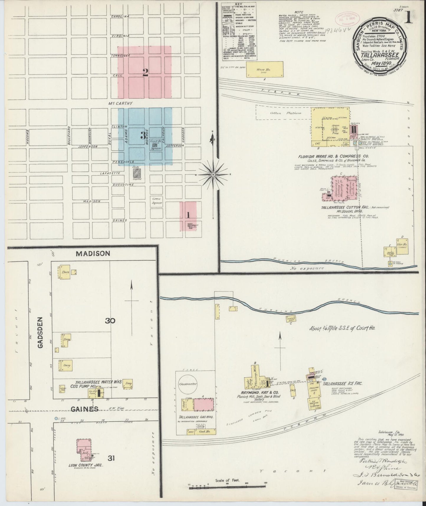 Sanborn Fire Insurance Map from Tallahassee, Leon County, Florida (1890), Sheet #0001 - Historic Sanborn Fire Insurance Map Print, vintage old map wall art, antique decor, genealogy gift, Florida Florida map