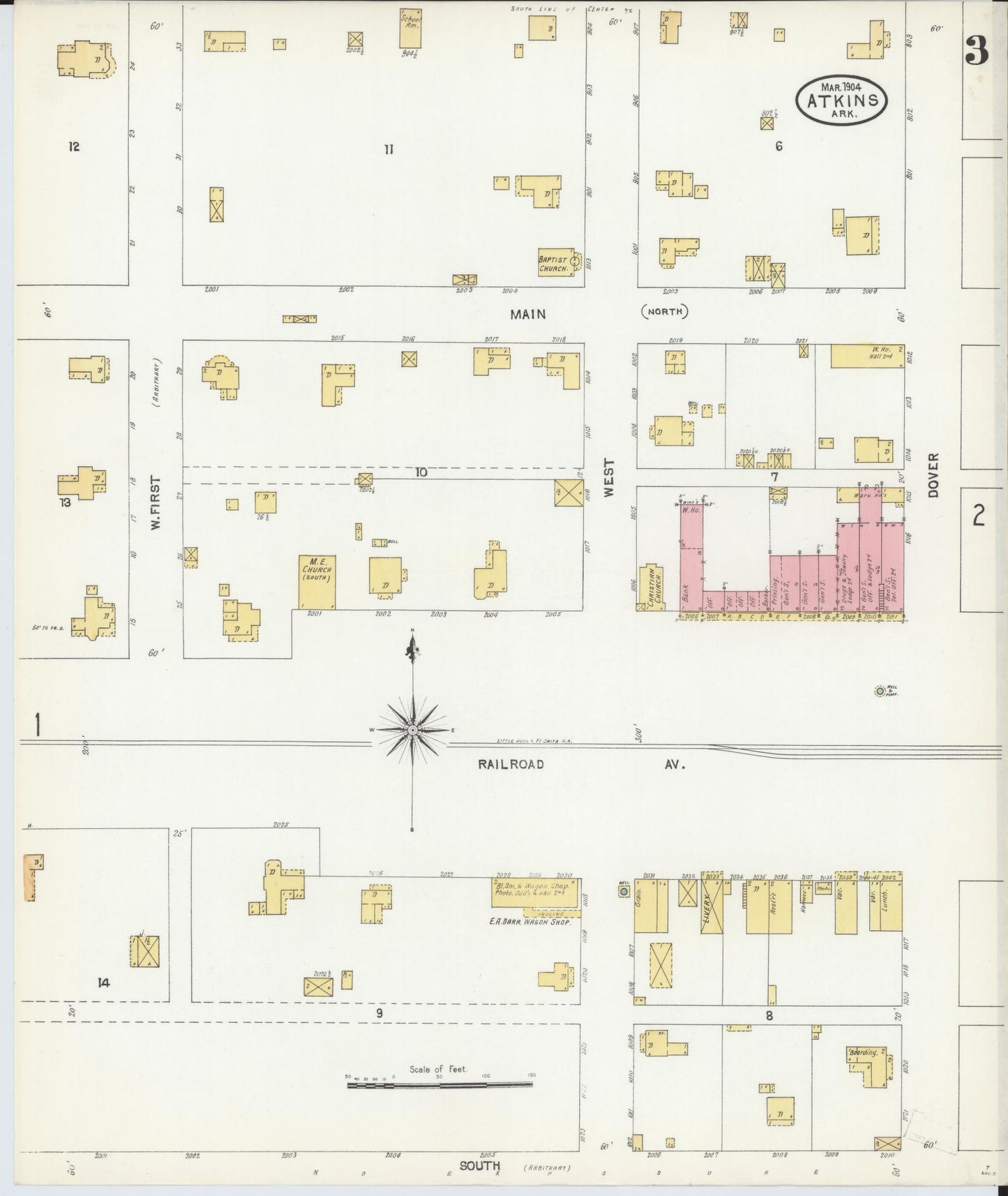 Sanborn Fire Insurance Map from Atkins, Pope County, Arkansas (1904), Sheet #0003 - Historic Sanborn Fire Insurance Map Print, vintage old map wall art, antique decor, genealogy gift, Arkansas Arkansas map
