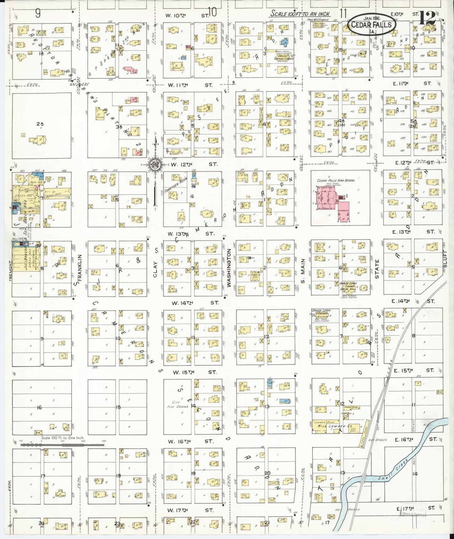 Sanborn Fire Insurance Map from Cedar Falls, Black Hawk County, Iowa (1916), Sheet #0012 - Historic Sanborn Fire Insurance Map Print, vintage old map wall art