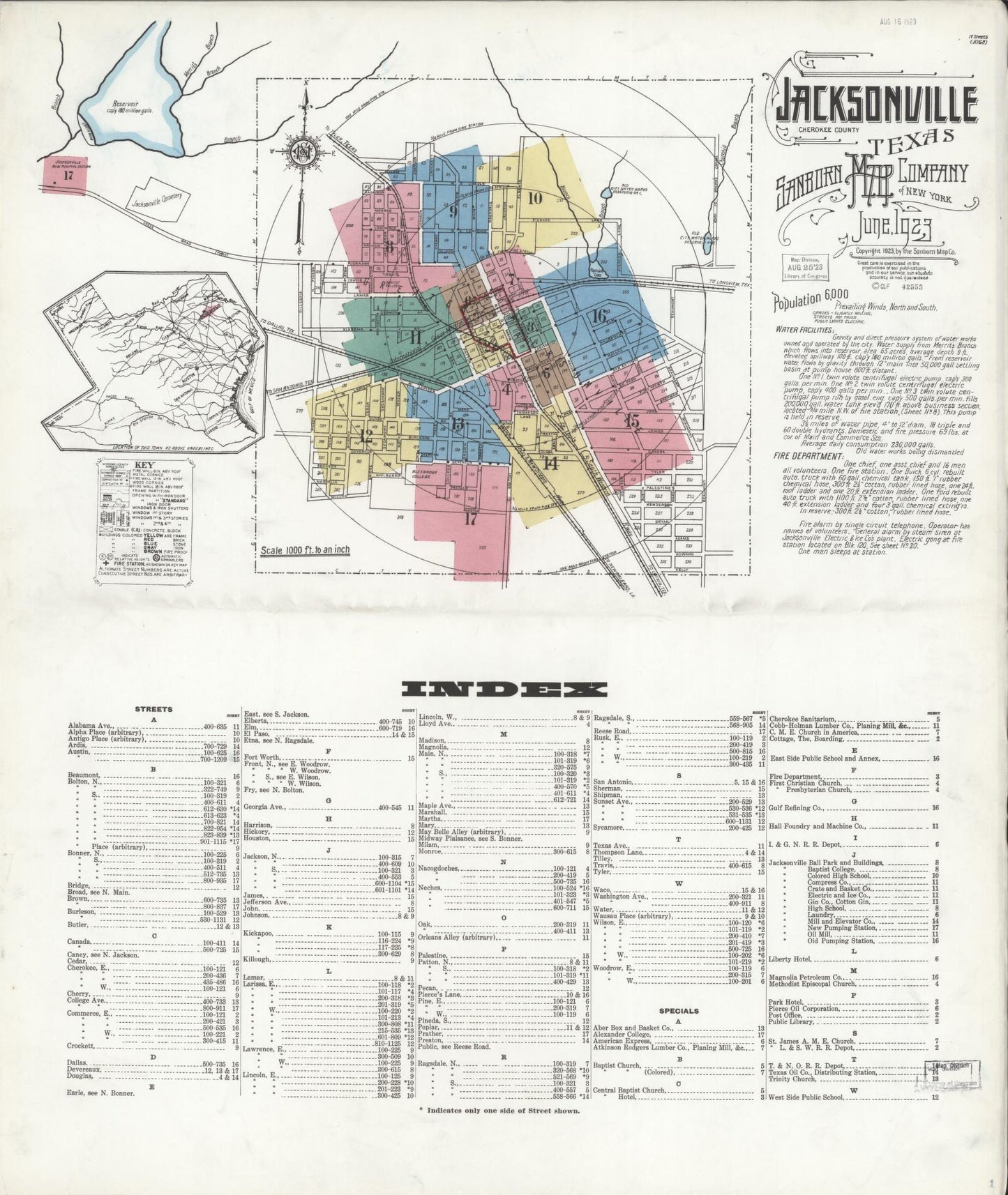 Sanborn Fire Insurance Map from Jacksonville, Cherokee County, Texas. (1923), Sheet 1 – Historic Sanborn Fire Insurance Map Print