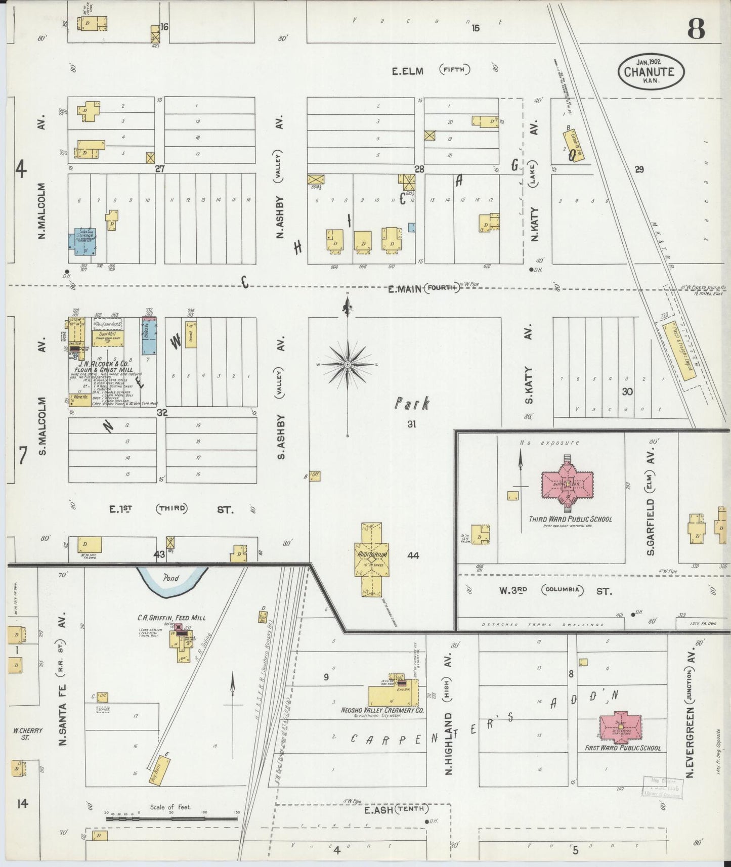 Sanborn Fire Insurance Map from Chanute, Neosho County, Kansas (1902), Sheet #0008 - Complete Map Set gallery image, historic Sanborn map, vintage wall art, Kansas Kansas