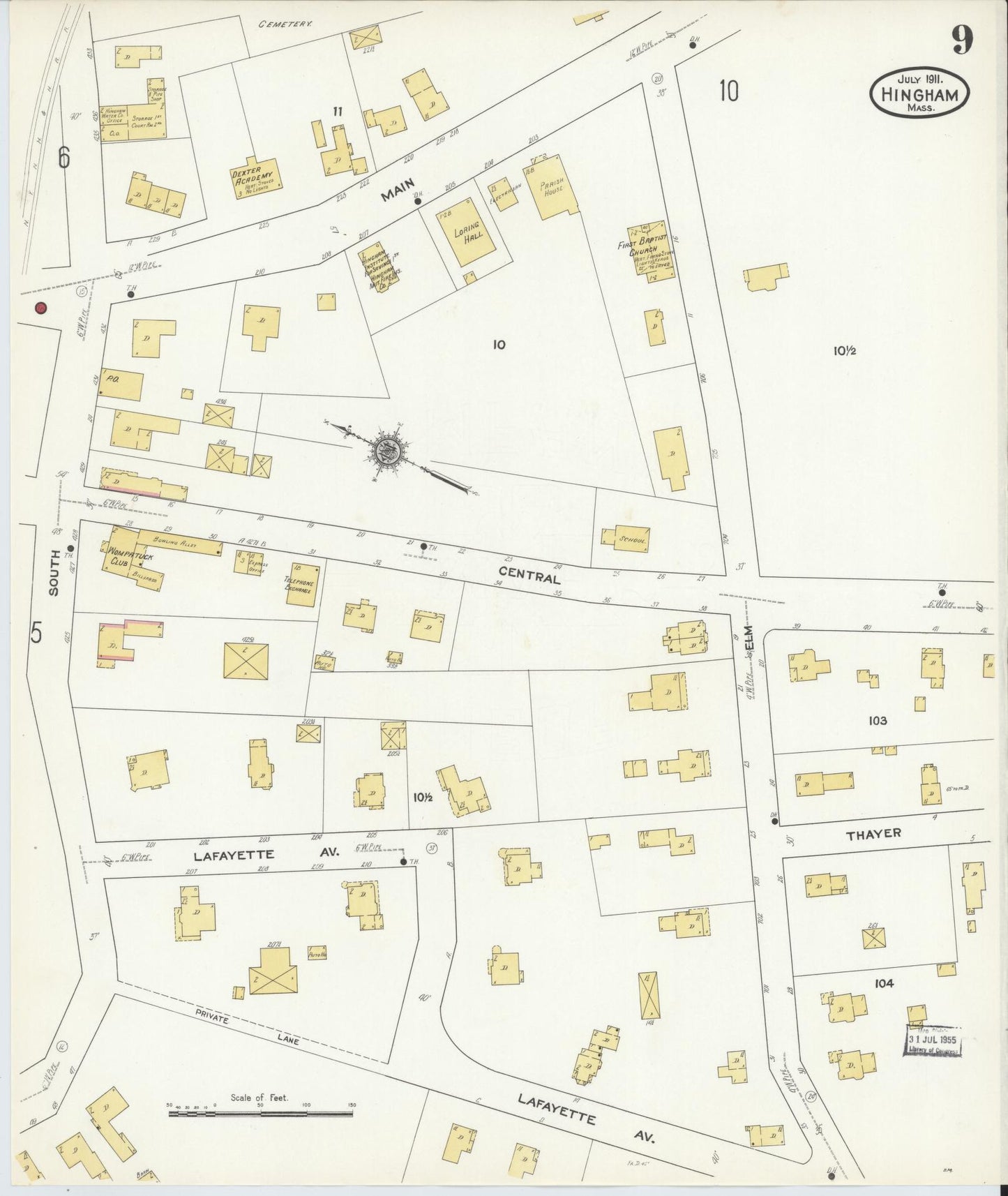 Sanborn Fire Insurance Map from Hingham, Plymouth County, Massachusetts (1911), Sheet #0009 - Historic Sanborn Fire Insurance Map Print, vintage old map wall art, antique decor, genealogy gift, Massachusetts Massachusetts map