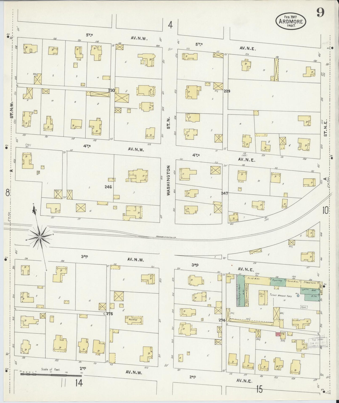 Sanborn Fire Insurance Map from Ardmore, Carter County, Oklahoma (1907), Sheet #0009 - Historic Sanborn Fire Insurance Map Print, vintage old map wall art, antique decor, genealogy gift, Oklahoma Oklahoma map