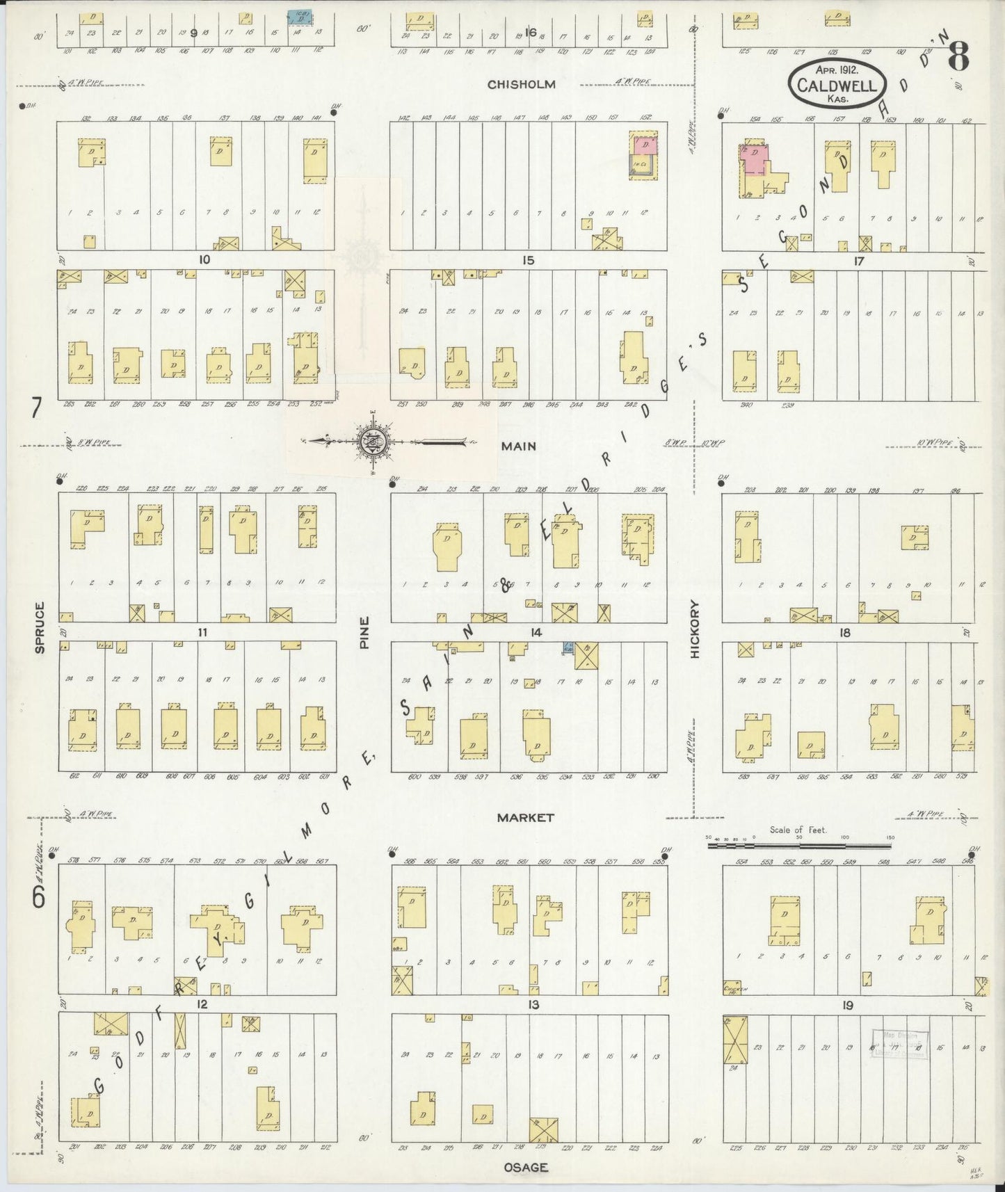 Sanborn Fire Insurance Map from Caldwell, Sumner County, Kansas (1912), Sheet #0008 - Historic Sanborn Fire Insurance Map Print, vintage old map wall art, antique decor, genealogy gift, Kansas Kansas map