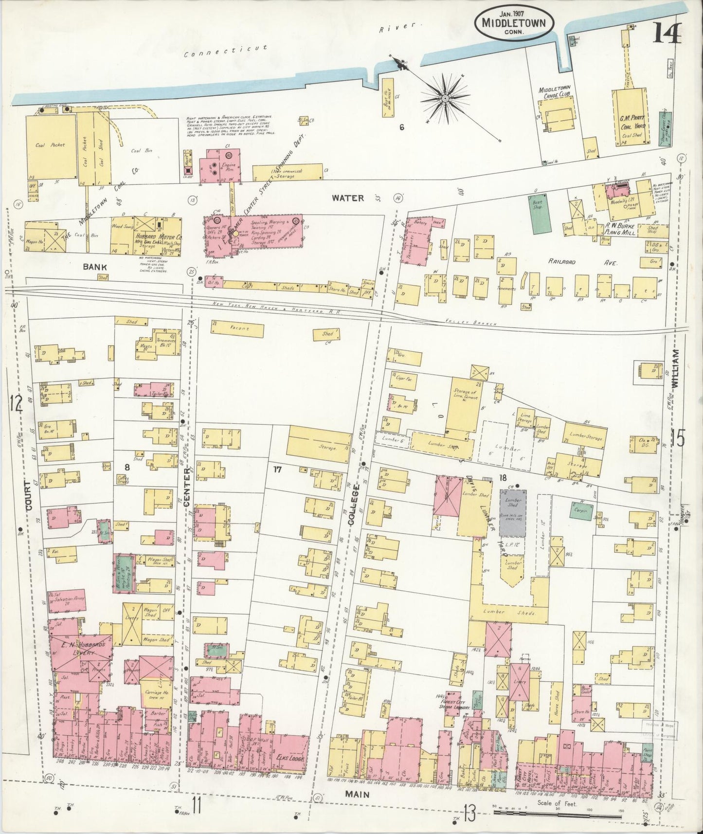 Sanborn Fire Insurance Map from Middletown, Middlesex County, Connecticut (1907), Sheet #0014 - Historic Sanborn Fire Insurance Map Print, vintage old map wall art, antique decor, genealogy gift, Connecticut Connecticut map