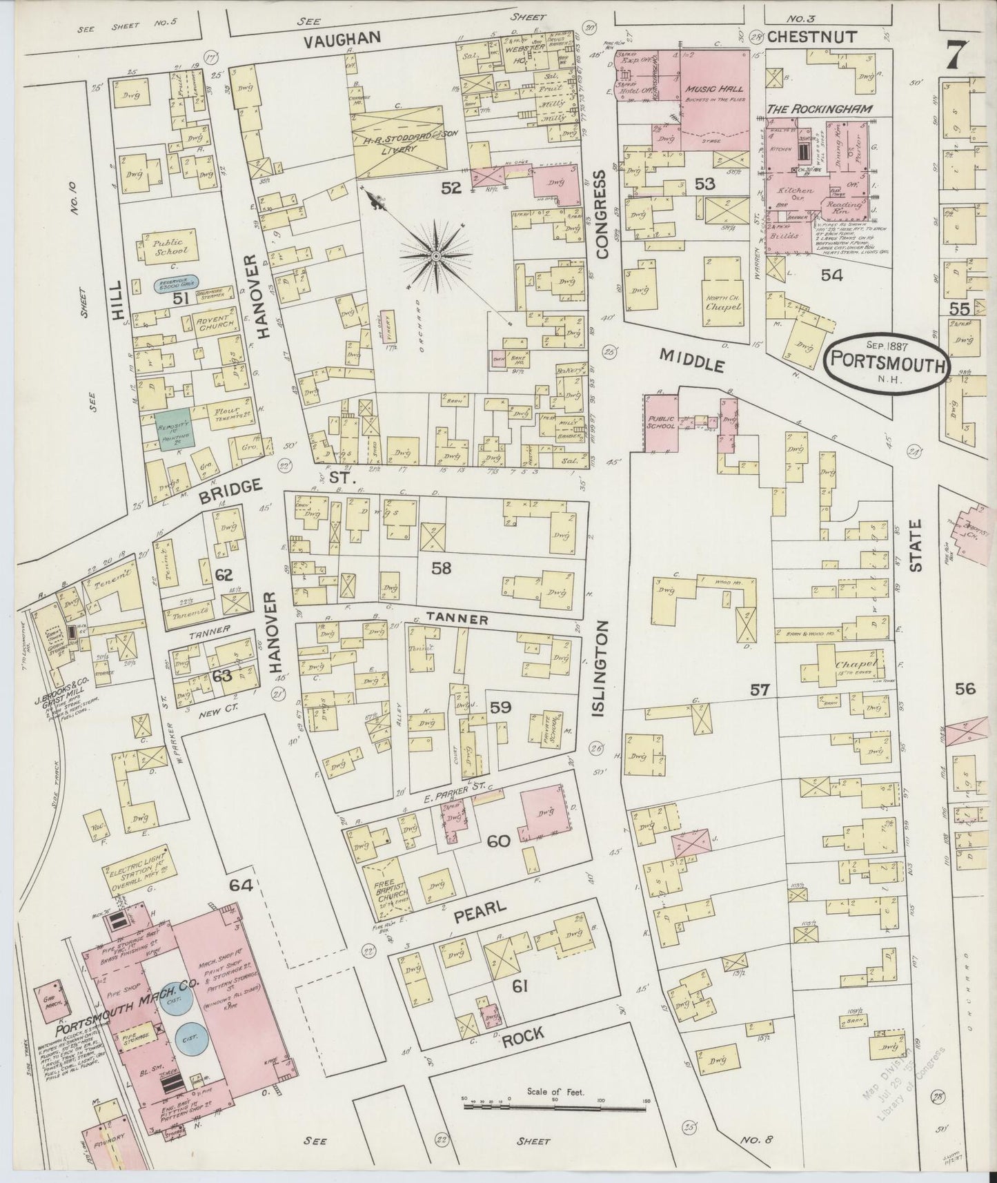 Sanborn Fire Insurance Map from Portsmouth, Rockingham County, New Hampshire (1887), Sheet #0007 - Historic Sanborn Fire Insurance Map Print, vintage old map wall art, antique decor, genealogy gift, New Hampshire New Hampshire map