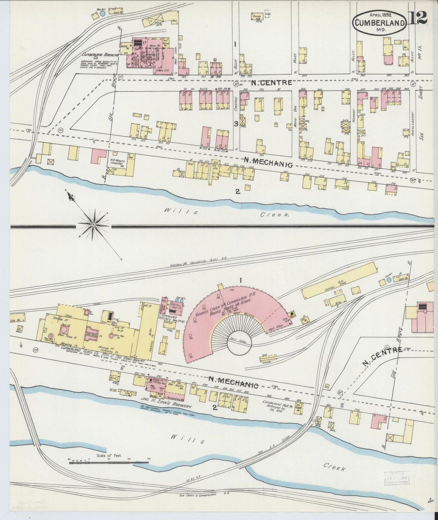 Allegany, Maryland - 1892 - Sanborn Fire Insurance Map, Sheet #0012 - Historic Sanborn Fire Insurance Map Print, Allegany Maryland 1892 0012 vintage old map wall art