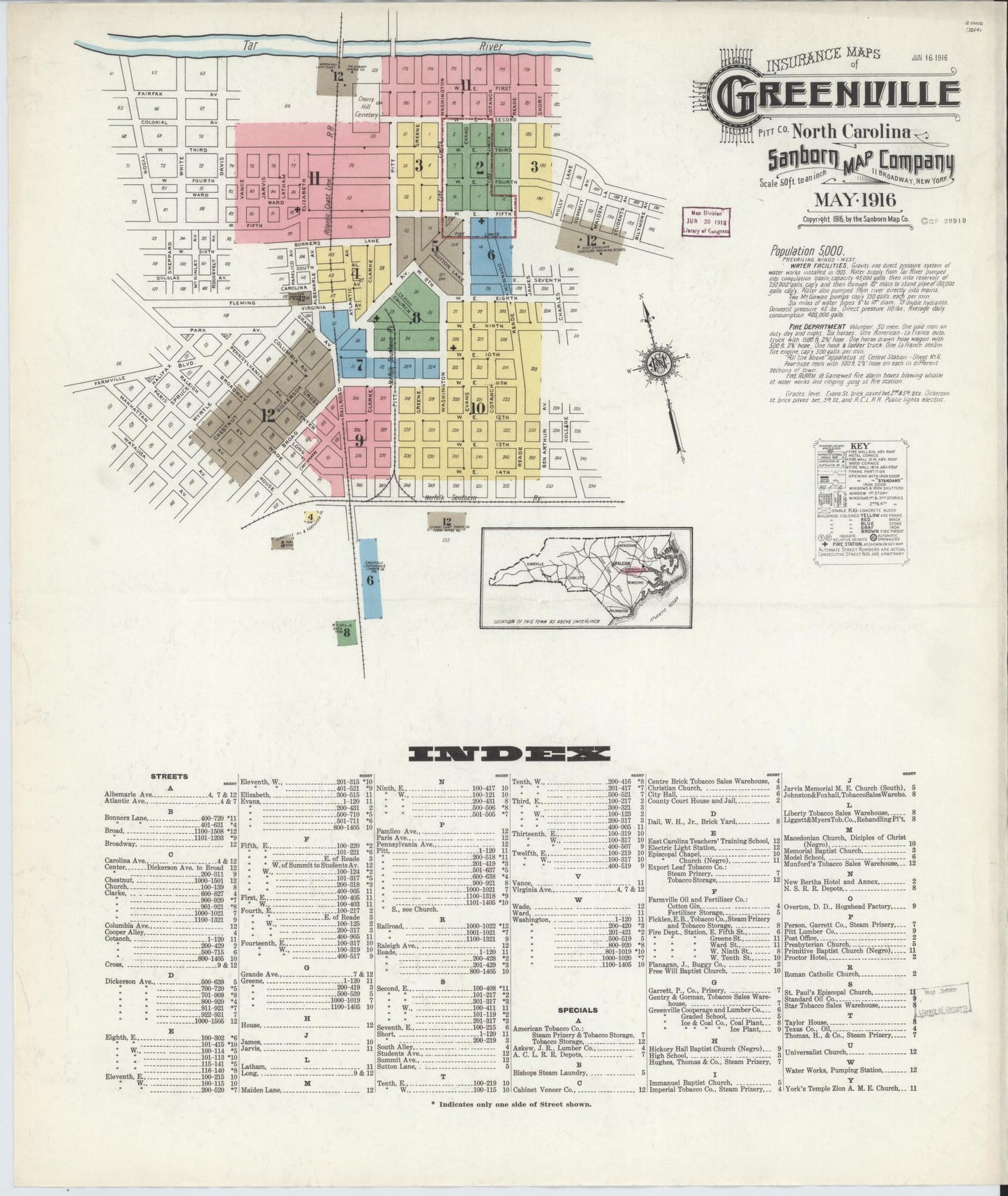 Sanborn Fire Insurance Map from Greenville, Pitt County, North Carolina (1916), Sheet #0001 - Historic Sanborn Fire Insurance Map Print, vintage old map wall art, antique decor, genealogy gift, North Carolina North Carolina map