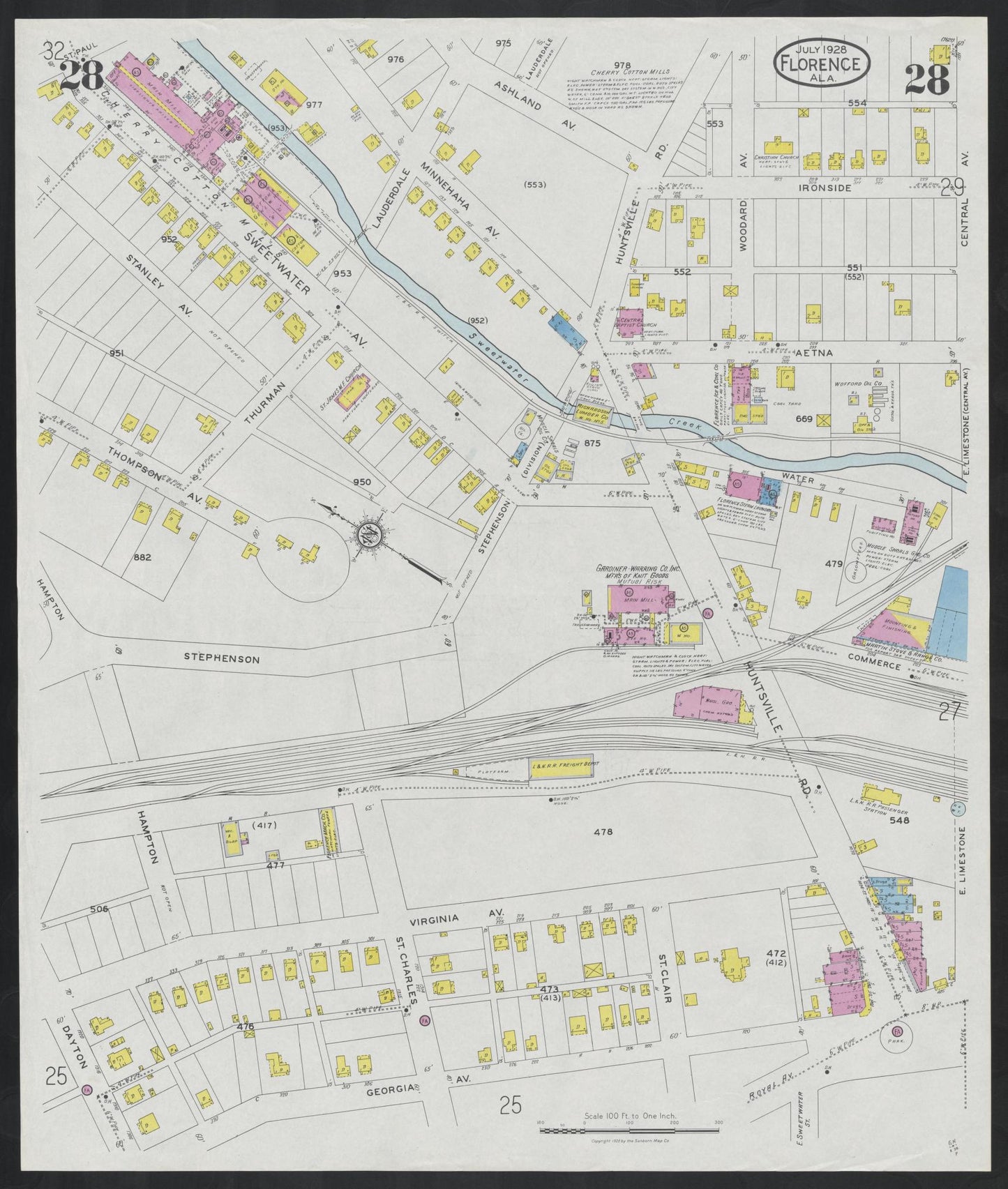 Sanborn Fire Insurance Map from Florence, Lauderdale County, Alabama (1928), Sheet #0028 - Historic Sanborn Fire Insurance Map Print, vintage old map wall art, antique decor, genealogy gift, Alabama Alabama map