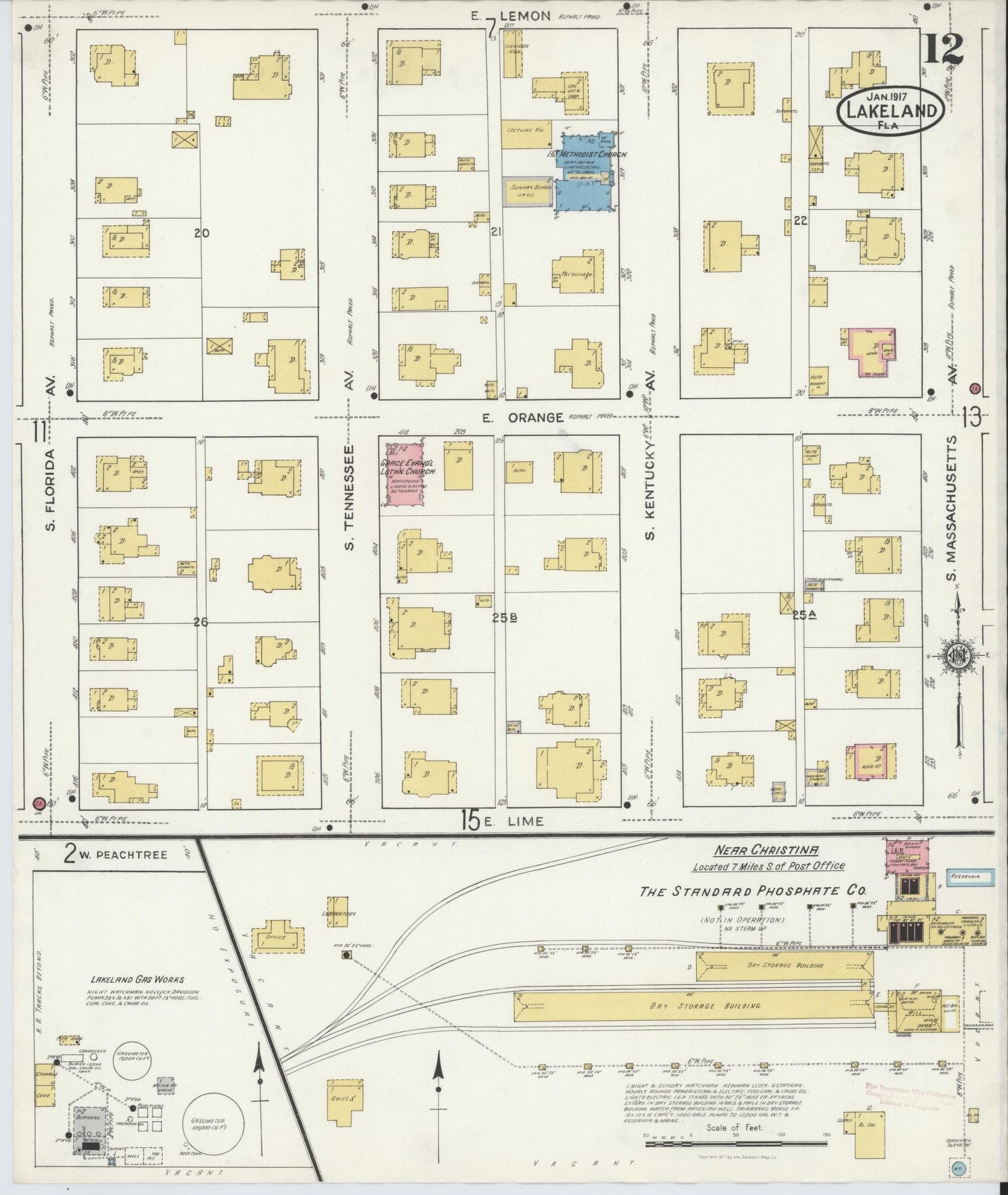 Sanborn Fire Insurance Map from Lakeland, Polk County, Florida (1917), Sheet #0012 - Historic Sanborn Fire Insurance Map Print, vintage old map wall art, antique decor, genealogy gift, Florida Florida map