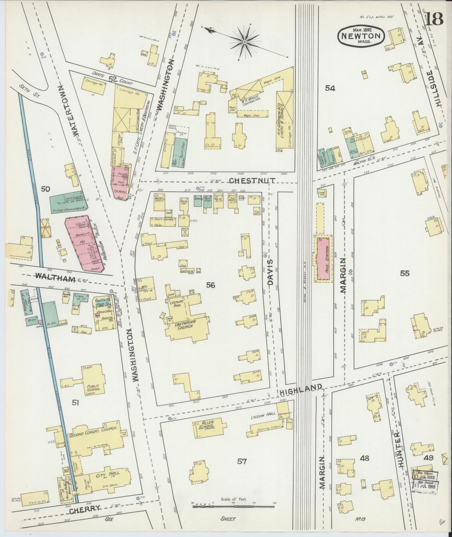 Sanborn Fire Insurance Map from Newton, Middlesex County, Massachusetts (1892), Sheet #0018 - Historic Sanborn Fire Insurance Map Print, vintage old map wall art, antique decor, genealogy gift, Massachusetts Massachusetts map