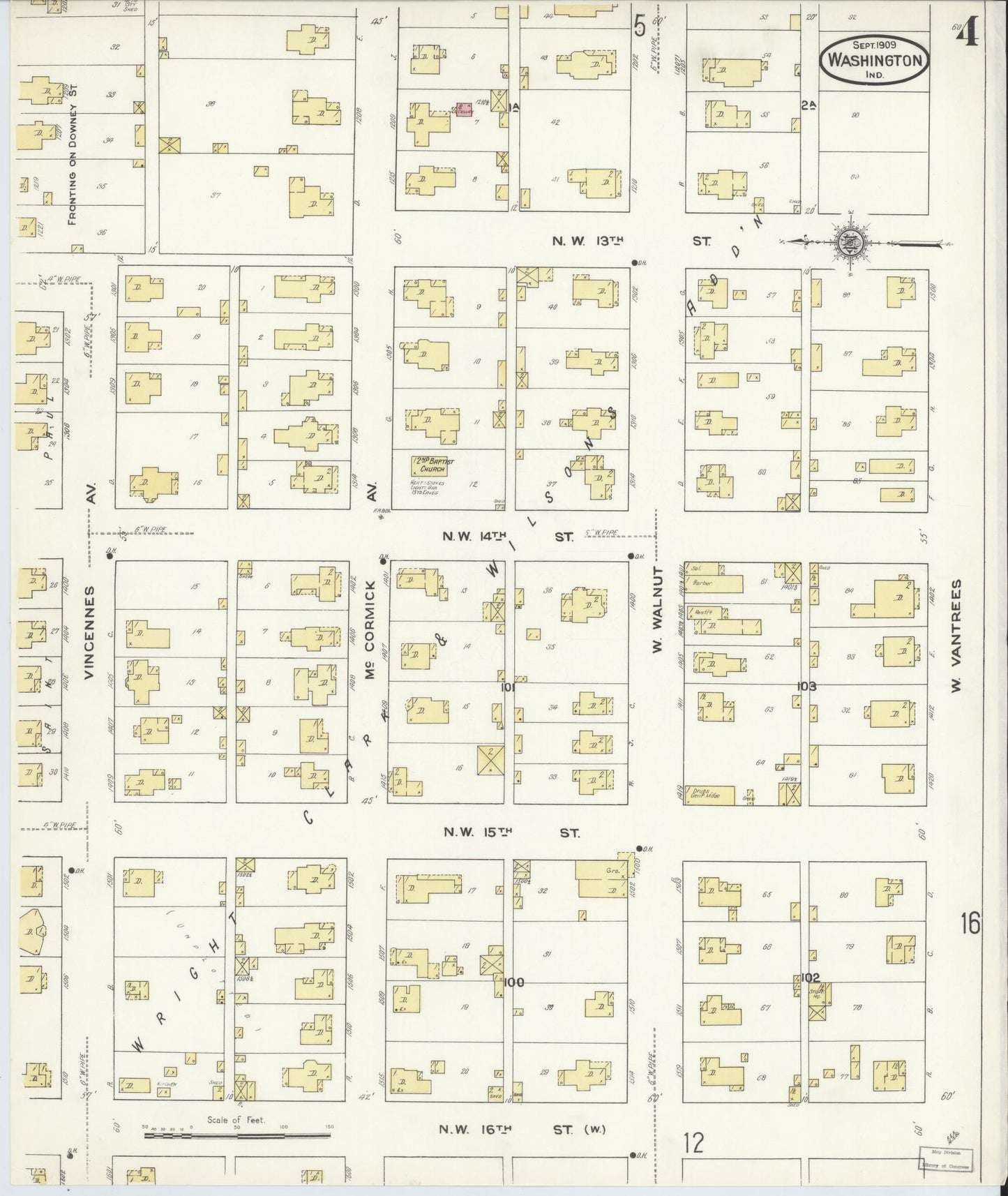 Sanborn Fire Insurance Map from Washington, Daviess County, Indiana (1909), Sheet #0004 - Historic Sanborn Fire Insurance Map Print, vintage old map wall art, antique decor, genealogy gift, Washington Washington map