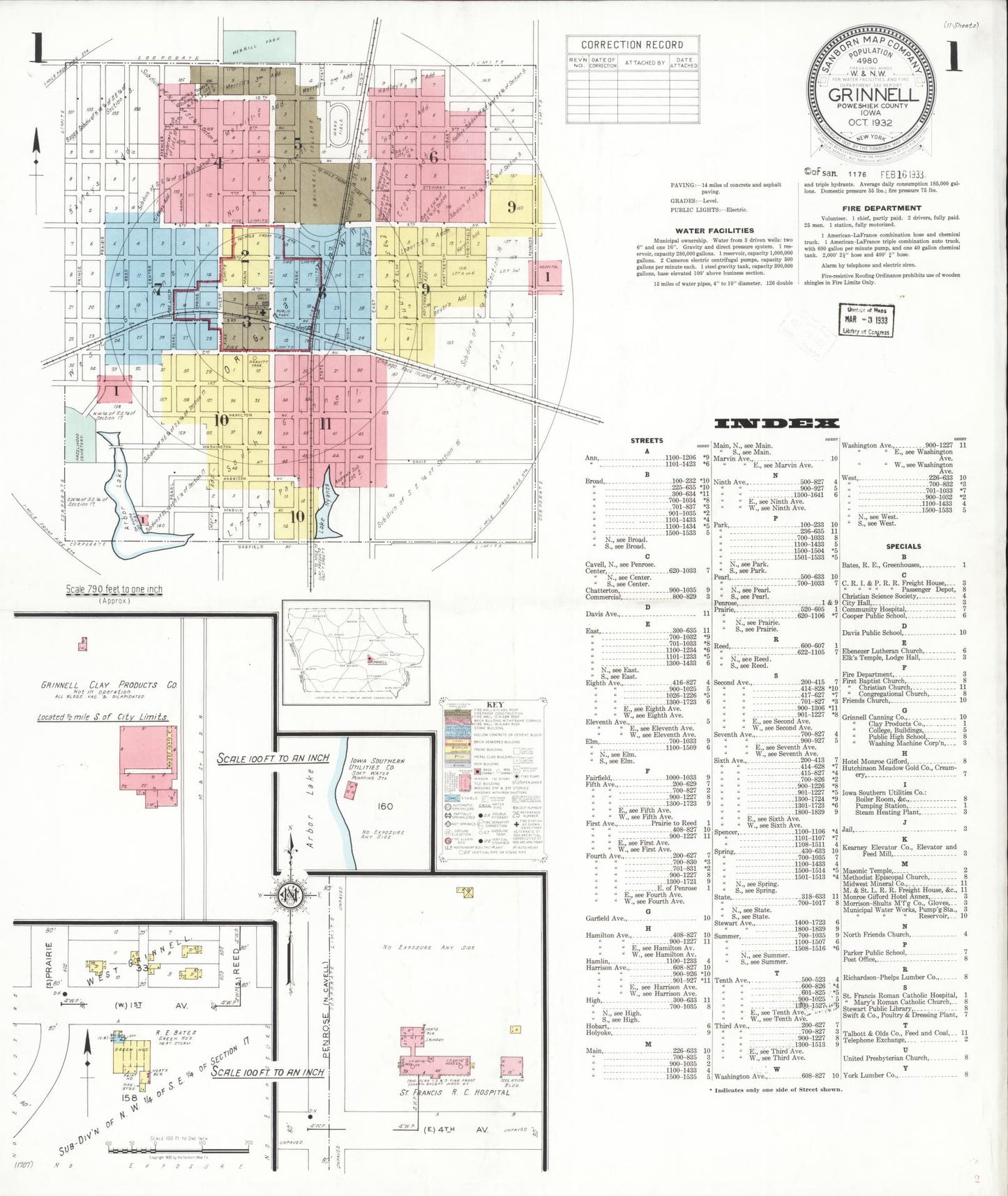Sanborn Fire Insurance Map from Grinnell, Poweshiek County, Iowa (1932), Sheet #0001 - Historic Sanborn Fire Insurance Map Print, vintage old map wall art