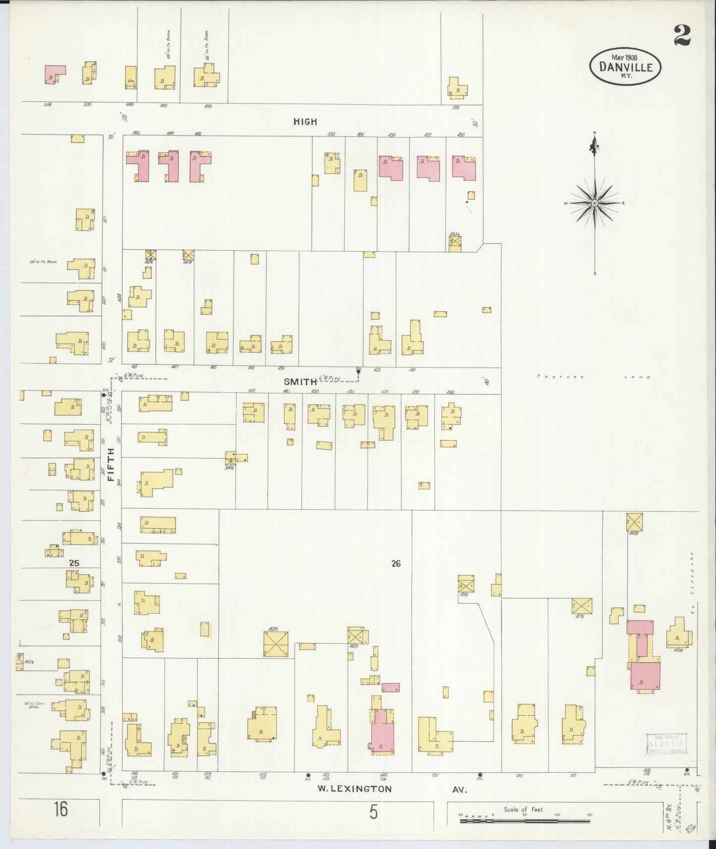 Sanborn Fire Insurance Map from Danville, Boyle County, Kentucky (1908), Sheet #0002 - Historic Sanborn Fire Insurance Map Print, vintage old map wall art, antique decor, genealogy gift, Kentucky Kentucky map