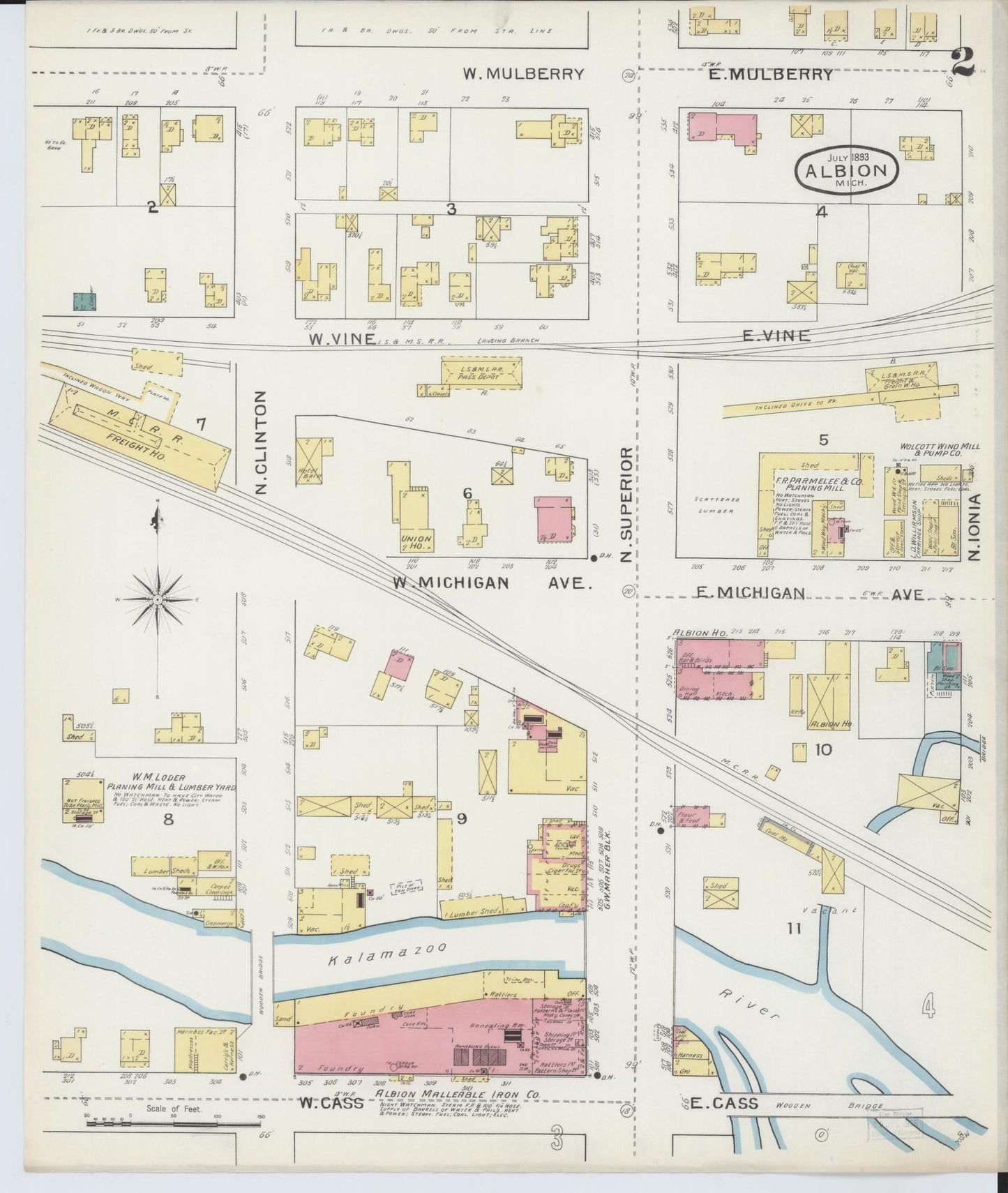 Sanborn Fire Insurance Map from Albion, Calhoun County, Michigan (1893), Sheet #0002 - Historic Sanborn Fire Insurance Map Print, vintage old map wall art, antique decor, genealogy gift, Michigan Michigan map