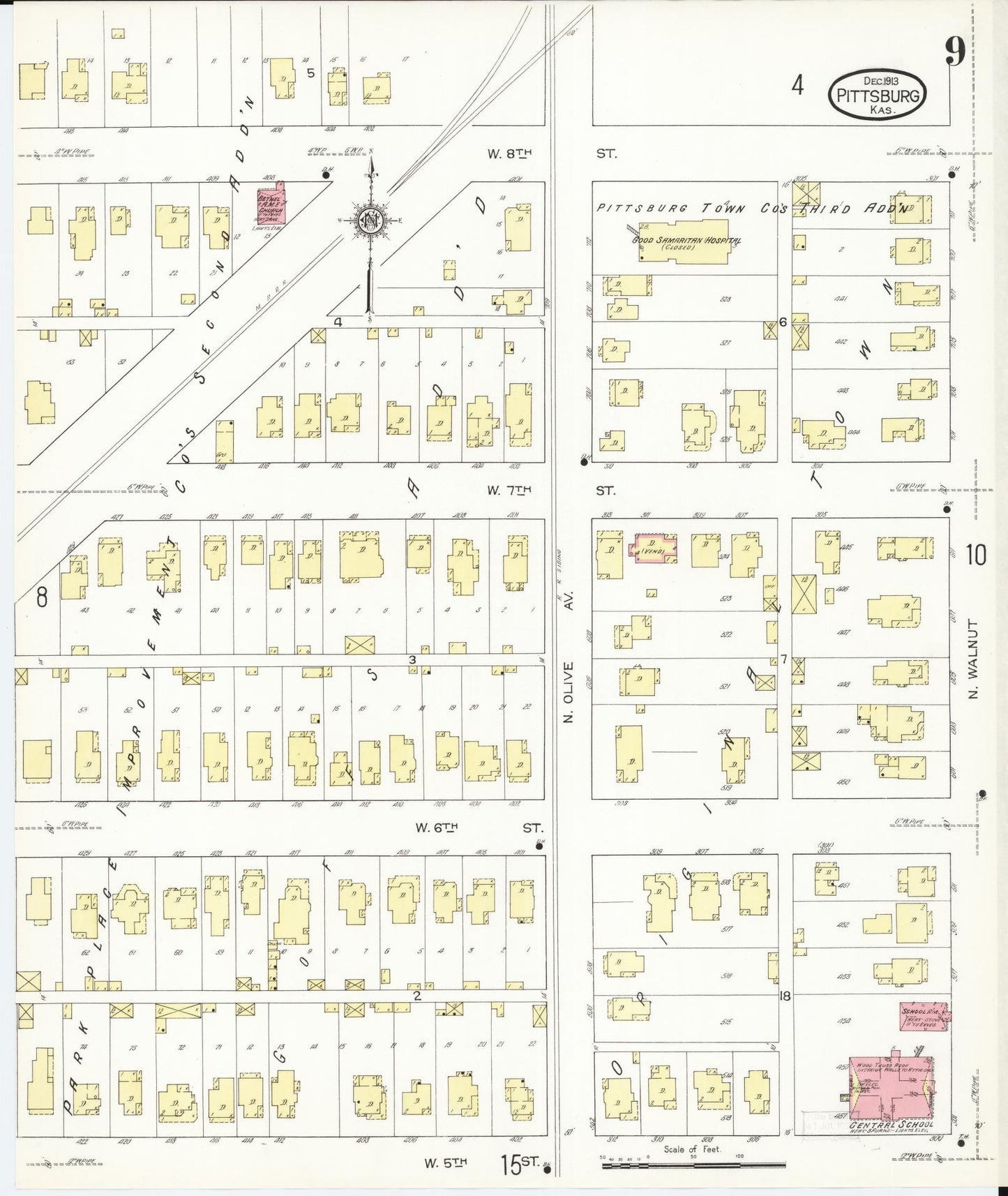 Sanborn Fire Insurance Map from Pittsburg, Crawford County, Kansas (1913), Sheet #0009 - Historic Sanborn Fire Insurance Map Print, vintage old map wall art, antique decor, genealogy gift, Kansas Kansas map