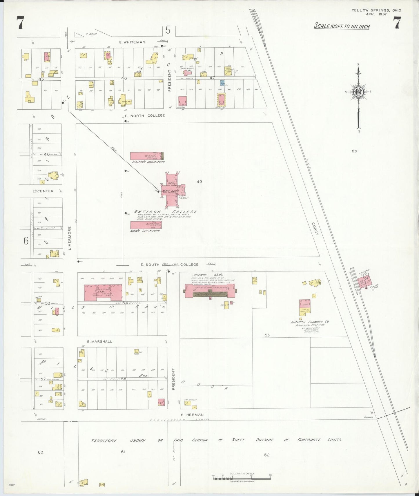 Sanborn Fire Insurance Map from Yellow Springs, Greene County, Ohio (1937), Sheet #0007 - Complete Map Set gallery image, historic Sanborn map, vintage wall art, Ohio Ohio