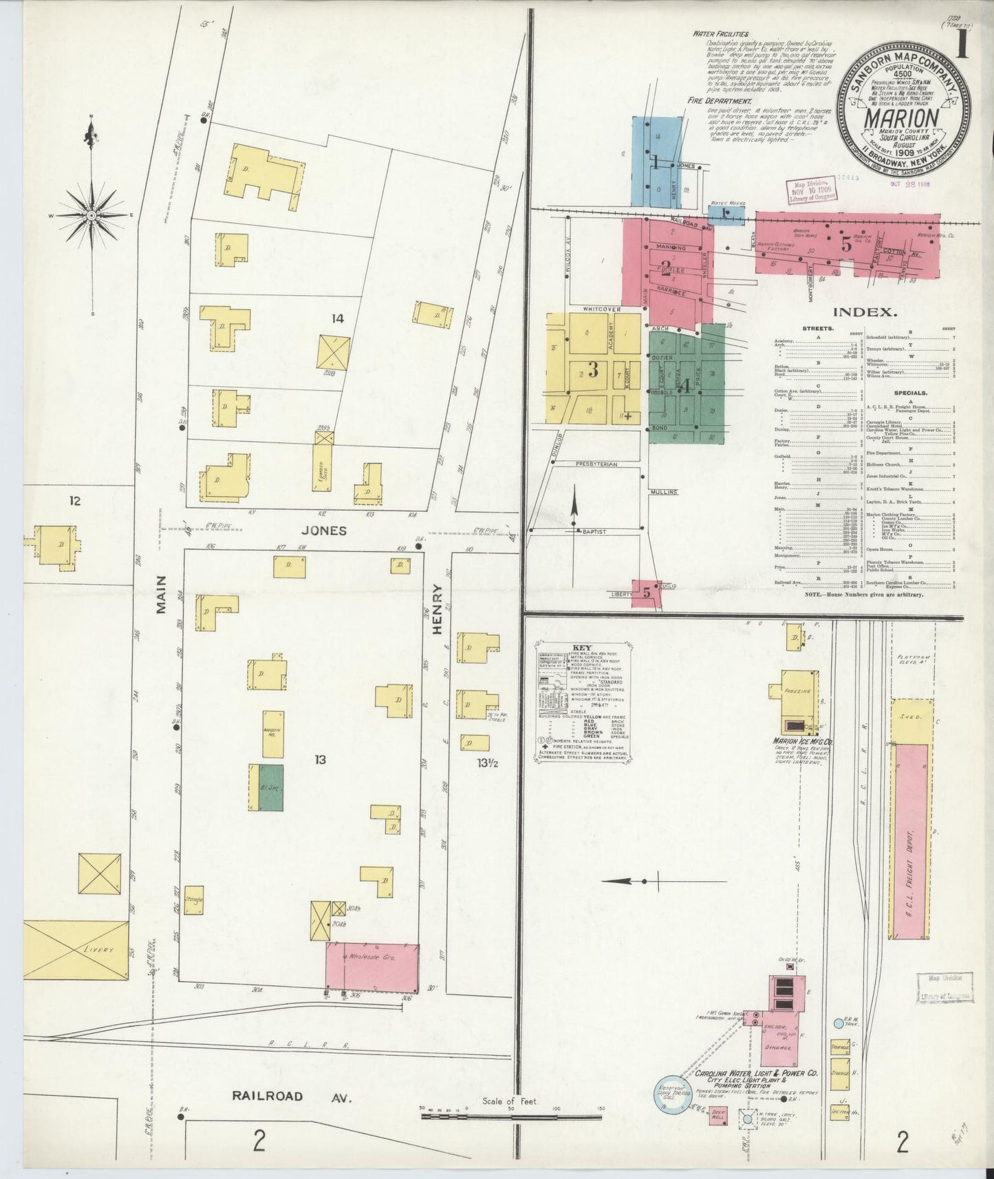 Sanborn Fire Insurance Map from Marion, Marion County, South Carolina (1909), Sheet #0001 - Historic Sanborn Fire Insurance Map Print, vintage old map wall art, antique decor, genealogy gift, South Carolina South Carolina map