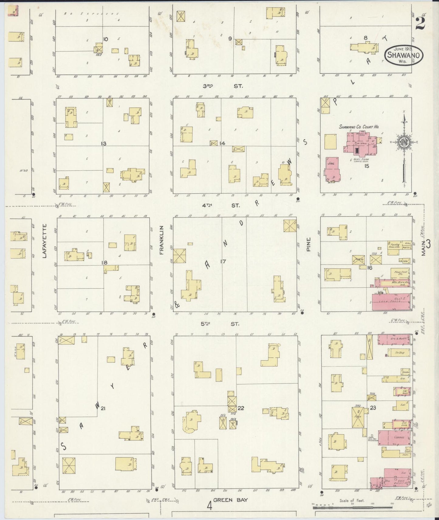 Sanborn Fire Insurance Map from Shawano, Shawano County, Wisconsin (1913), Sheet #0002 - Historic Sanborn Fire Insurance Map Print, vintage old map wall art, antique decor, genealogy gift, Wisconsin Wisconsin map