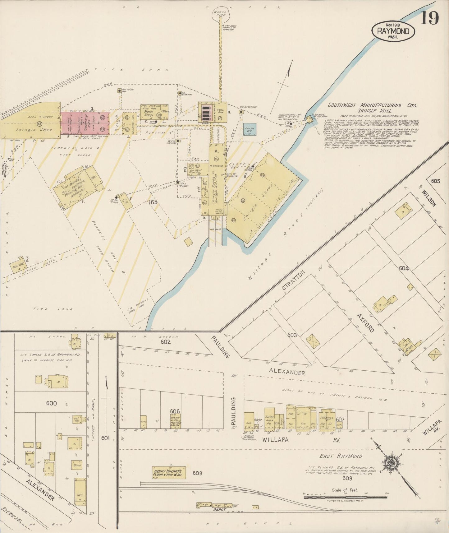 Sanborn Fire Insurance Map from Raymond, Pacific County, Washington (1919), Sheet #0019 - Historic Sanborn Fire Insurance Map Print, vintage old map wall art, antique decor, genealogy gift, Washington Washington map