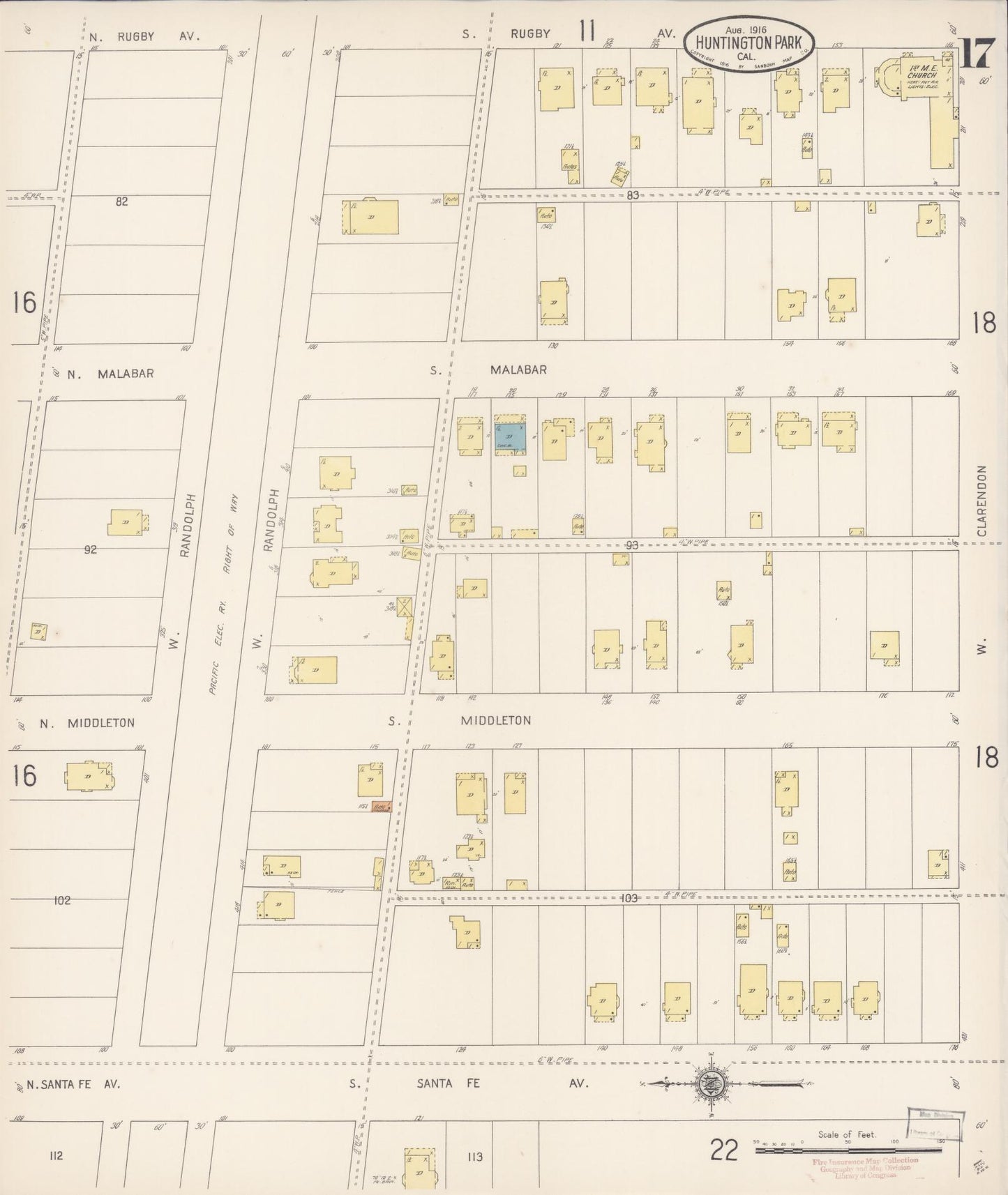 Sanborn Fire Insurance Map from Huntington Park, Los Angeles County, California (1916), Sheet #0017 - Historic Sanborn Fire Insurance Map Print, vintage old map wall art, antique decor, genealogy gift, California California map