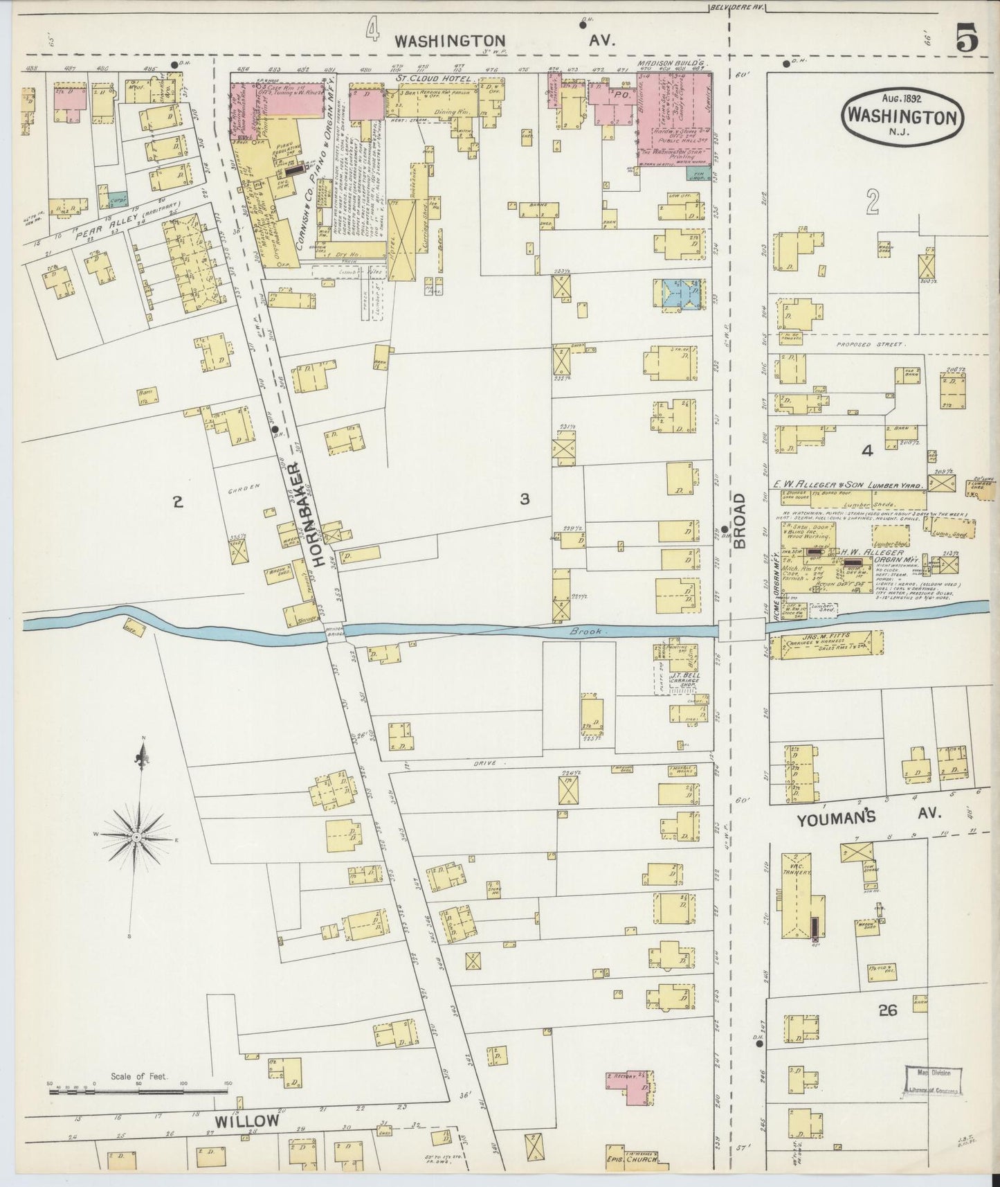 Sanborn Fire Insurance Map from Washington, Warren County, New Jersey (1892), Sheet #0005 - Historic Sanborn Fire Insurance Map Print, vintage old map wall art, antique decor, genealogy gift, Washington Washington map