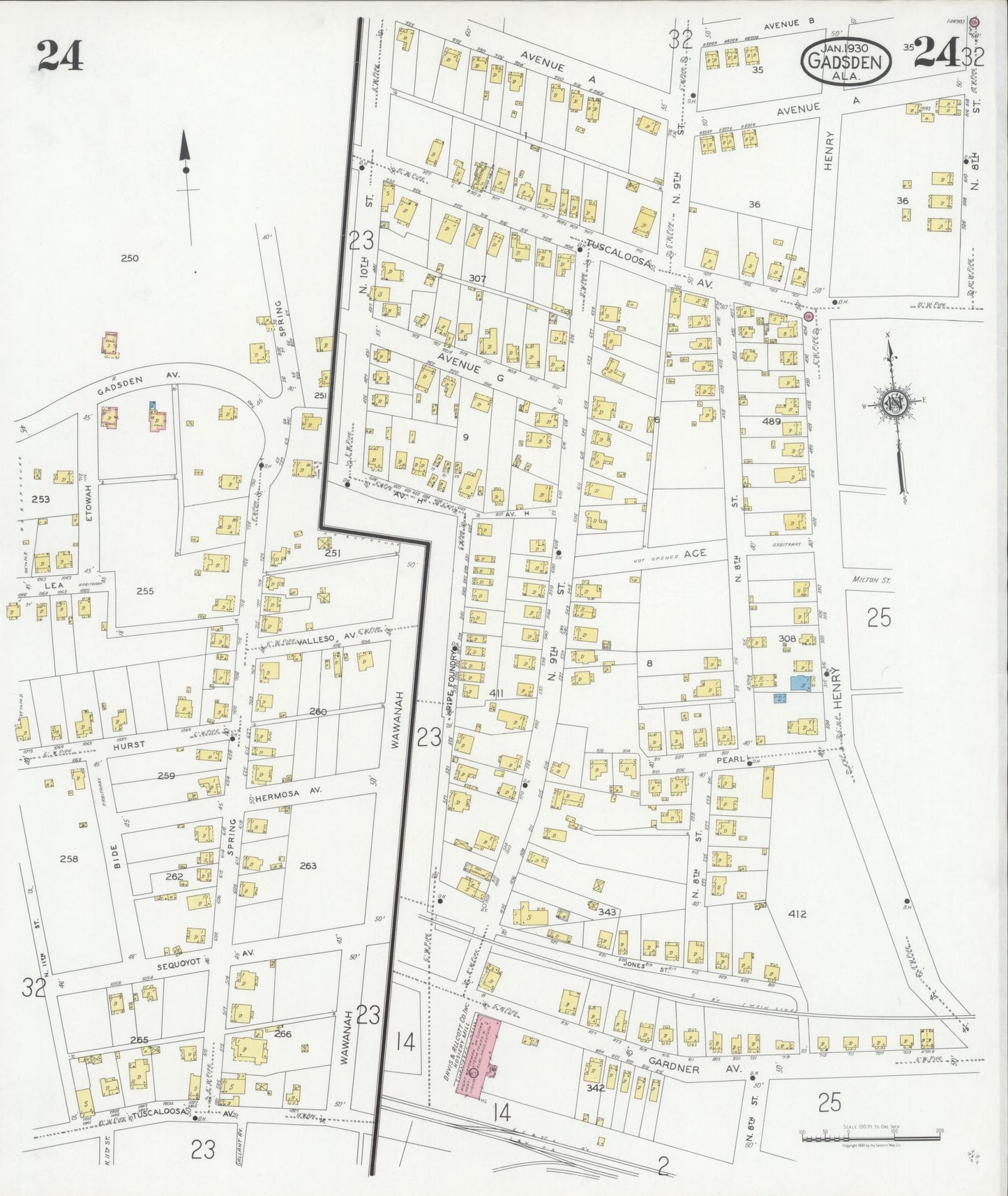 Sanborn Fire Insurance Map from Gadsden, Etowah County, Alabama (1930), Sheet #0024 - Historic Sanborn Fire Insurance Map Print, vintage old map wall art, antique decor, genealogy gift, Alabama Alabama map