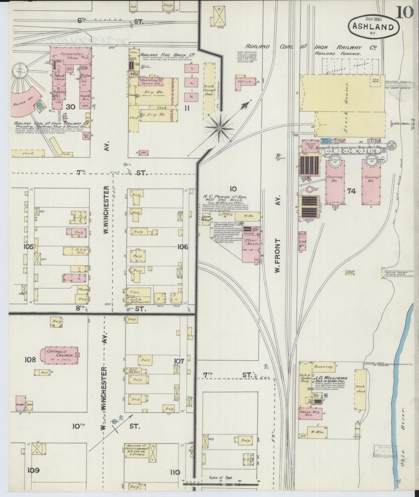 Sanborn Fire Insurance Map from Ashland, Boyd County, Kentucky (1890), Sheet #0010 - Complete Map Set gallery image, historic Sanborn map, vintage wall art, Kentucky Kentucky