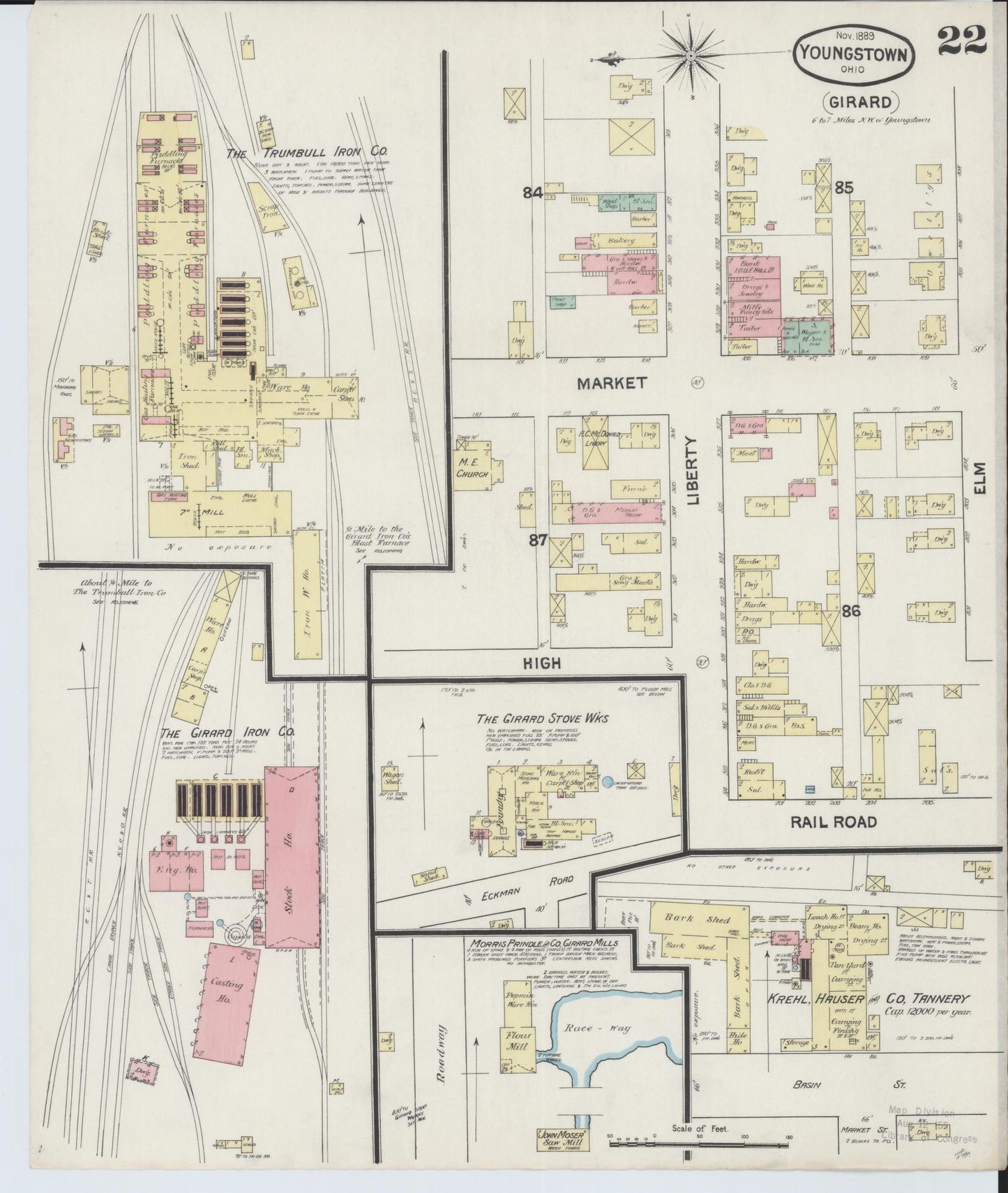 Sanborn Fire Insurance Map from Youngstown, Mahoning County, Ohio (1889), Sheet #0022 - Historic Sanborn Fire Insurance Map Print, vintage old map wall art, antique decor, genealogy gift, Ohio Ohio map
