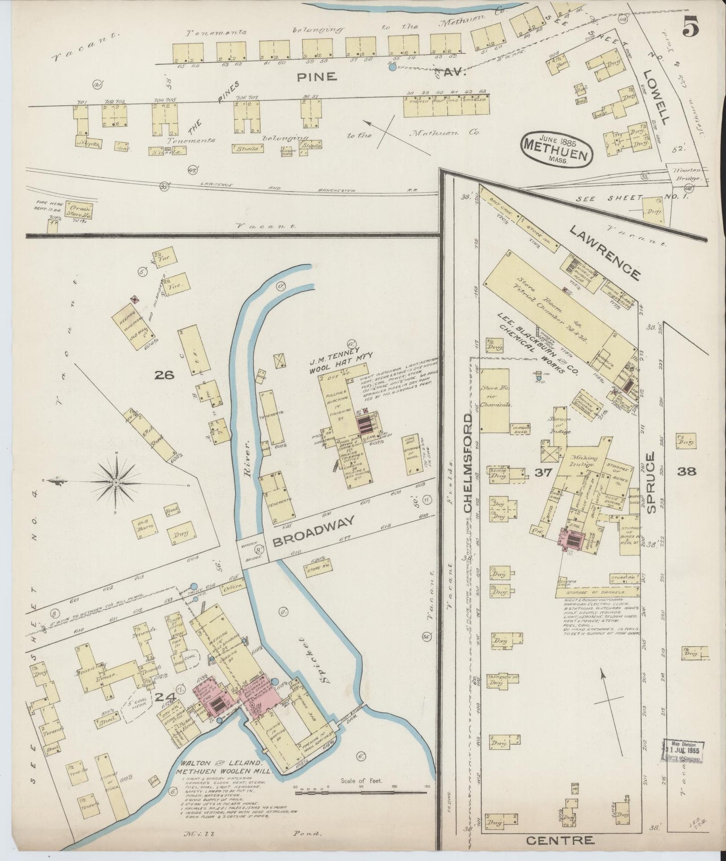 Sanborn Fire Insurance Map from Methuen, Essex County, Massachusetts (1885), Sheet #0005 - Historic Sanborn Fire Insurance Map Print, vintage old map wall art, antique decor, genealogy gift, Massachusetts Massachusetts map