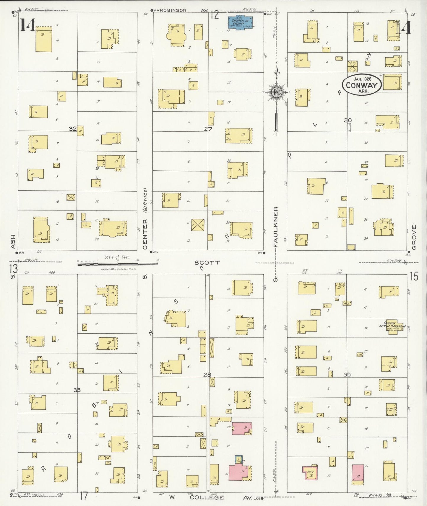 Sanborn Fire Insurance Map from Conway, Faulkner County, Arkansas (1926), Sheet #0014 - Historic Sanborn Fire Insurance Map Print, vintage old map wall art, antique decor, genealogy gift, Arkansas Arkansas map