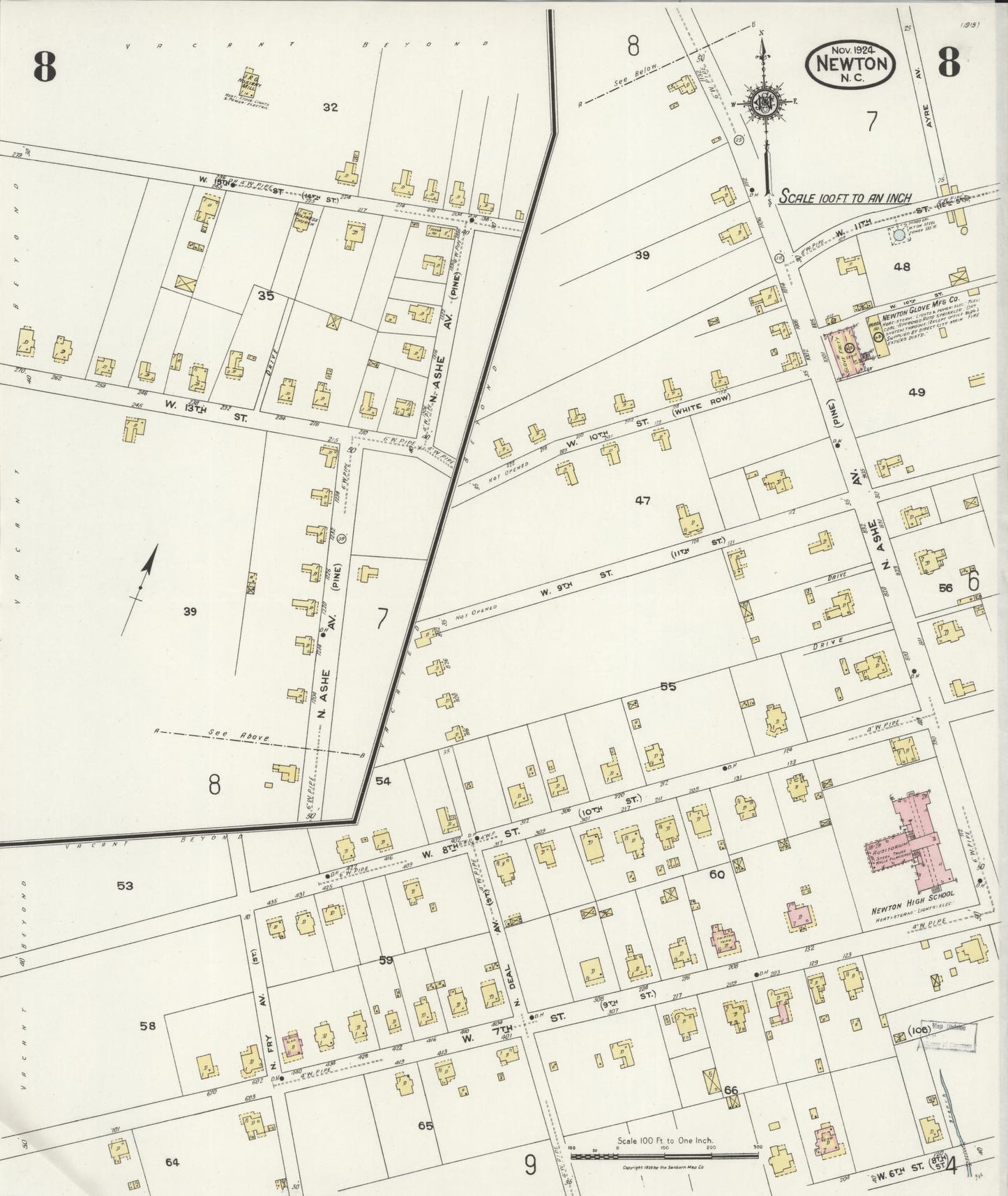 Sanborn Fire Insurance Map from Newton, Catawba County, North Carolina (1924), Sheet #0008 - Historic Sanborn Fire Insurance Map Print, vintage old map wall art, antique decor, genealogy gift, North Carolina North Carolina map