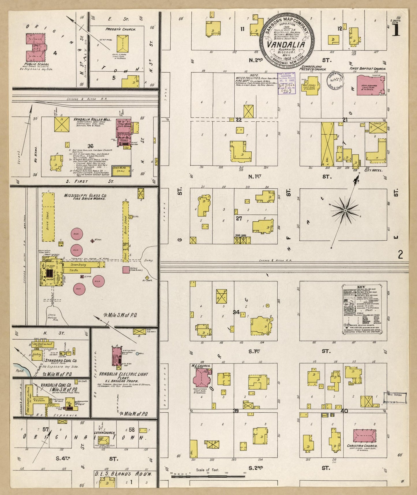 Sanborn Fire Insurance Map from Vandalia, Audrain County, Missouri (1902), Sheet #0001 - Historic Sanborn Fire Insurance Map Print, vintage old map wall art, antique decor, genealogy gift, Missouri Missouri map